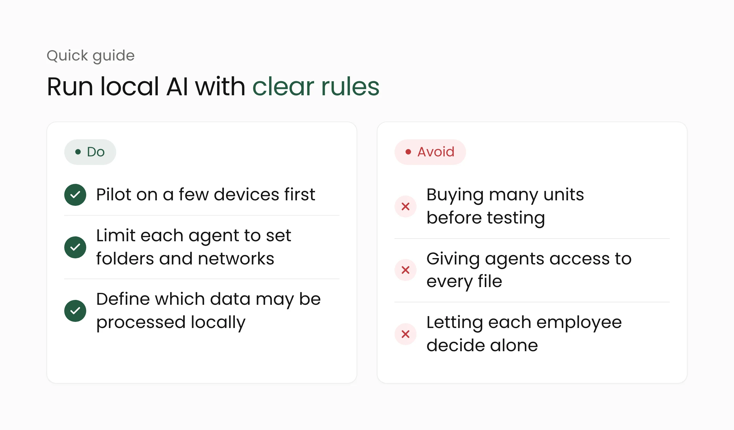 Guide to using local AI: pilot on a few devices, limit agent access, define which data may be processed locally, and avoid bulk purchases without testing