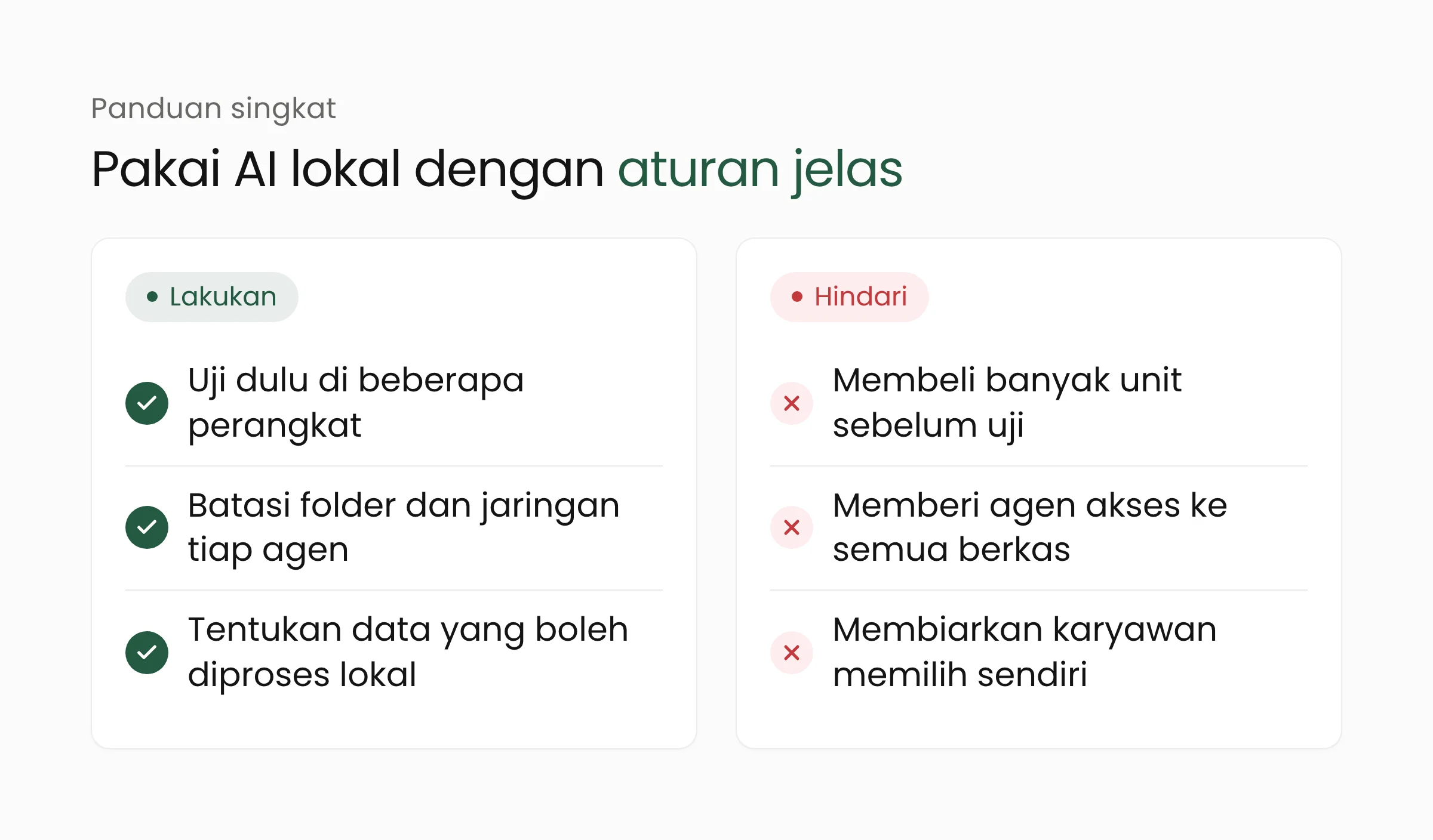 Panduan memakai AI lokal: uji di beberapa perangkat, batasi akses agen, tentukan data yang boleh diproses lokal, dan hindari pembelian massal tanpa uji