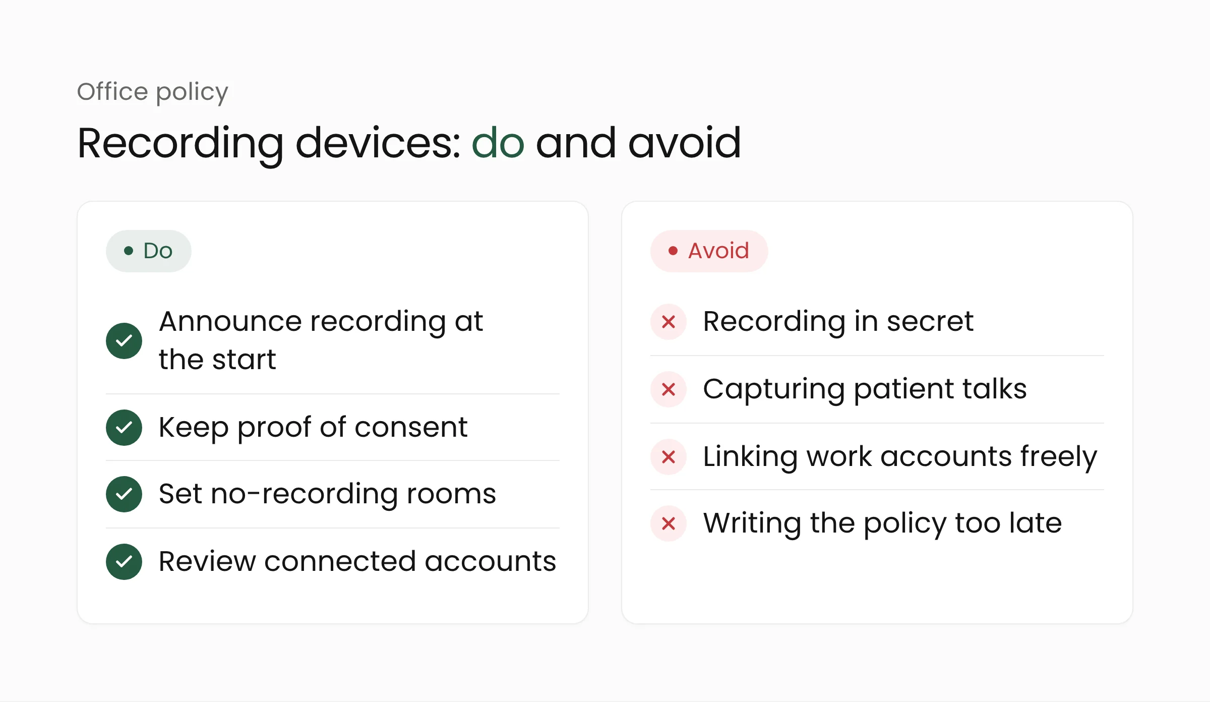 Do and avoid list for organizations facing personal AI recording devices: announce recording, keep proof of consent, set no-recording rooms, and review connected accounts
