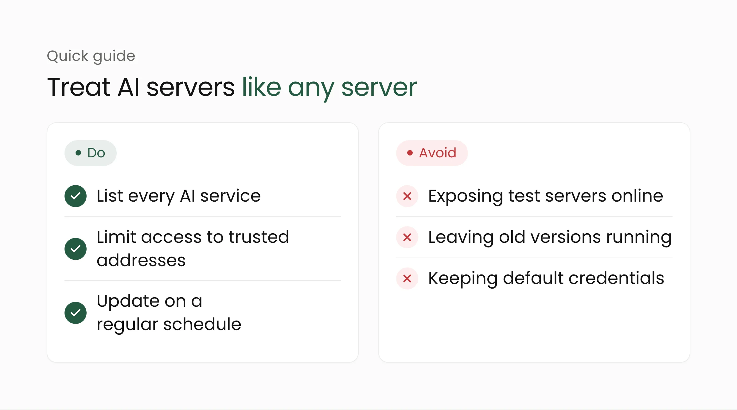 Do and don't for AI servers: take inventory, restrict access, update regularly, watch load; avoid exposing to the internet, leaving old versions, and keeping default credentials