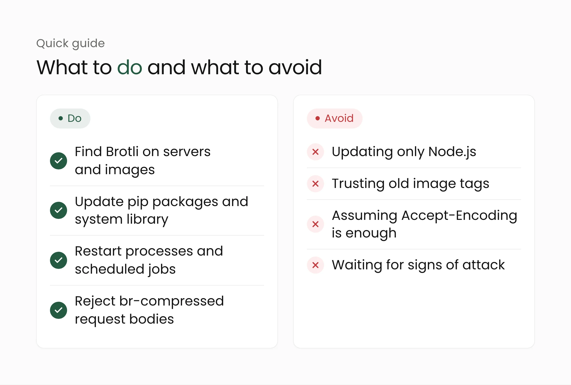 Do and avoid guide for the Brotli flaw: find Brotli on servers and images, update packages, restart processes, and reject br-compressed request bodies