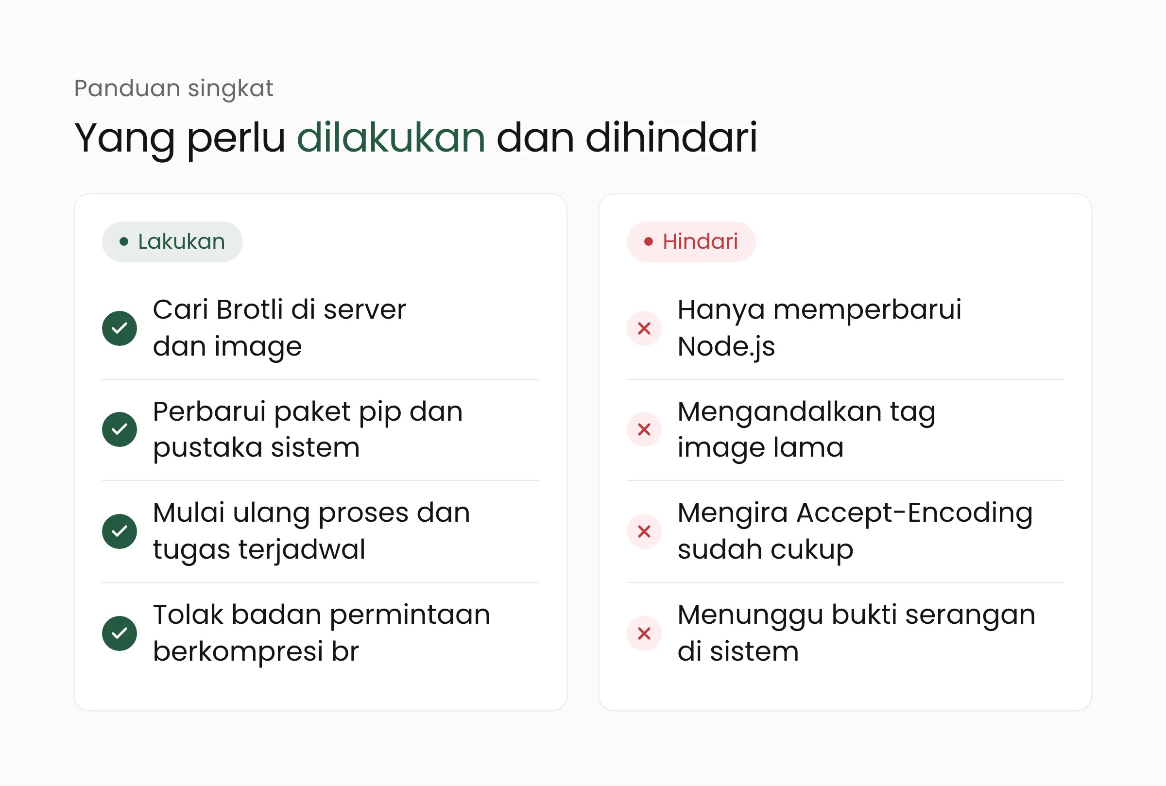Panduan lakukan dan hindari untuk celah Brotli: cari Brotli di server dan image, perbarui paket, mulai ulang proses, dan tolak badan permintaan berkompresi br