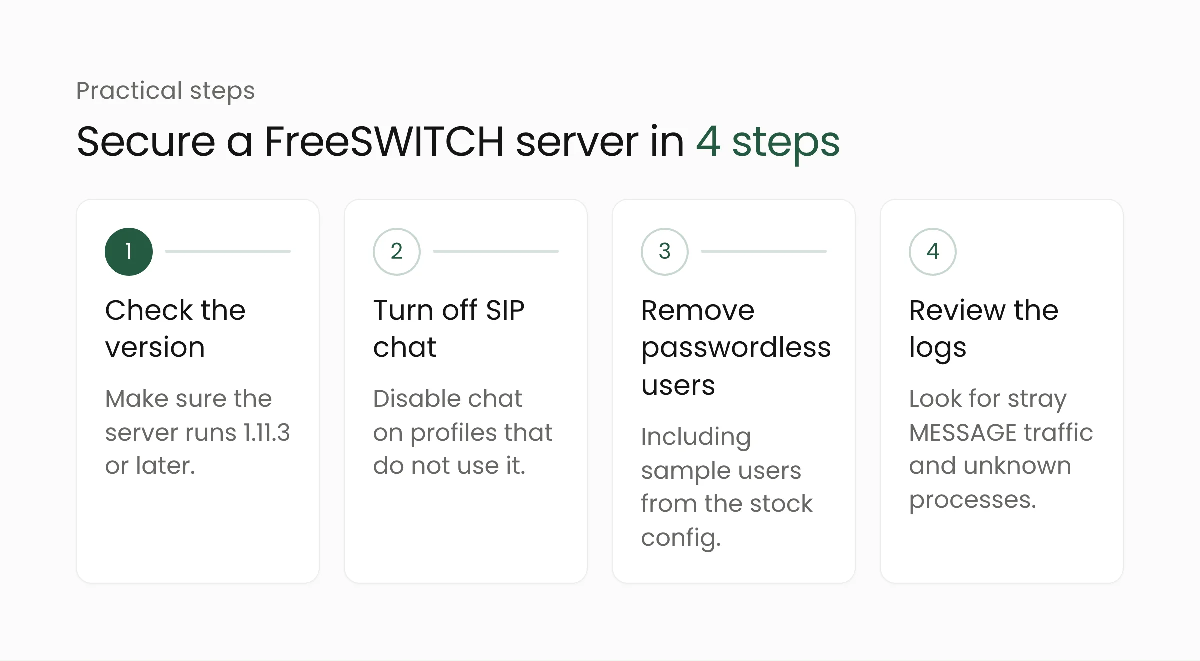 Steps to secure a FreeSWITCH server: check the version, disable SIP chat, remove passwordless users, and review the logs
