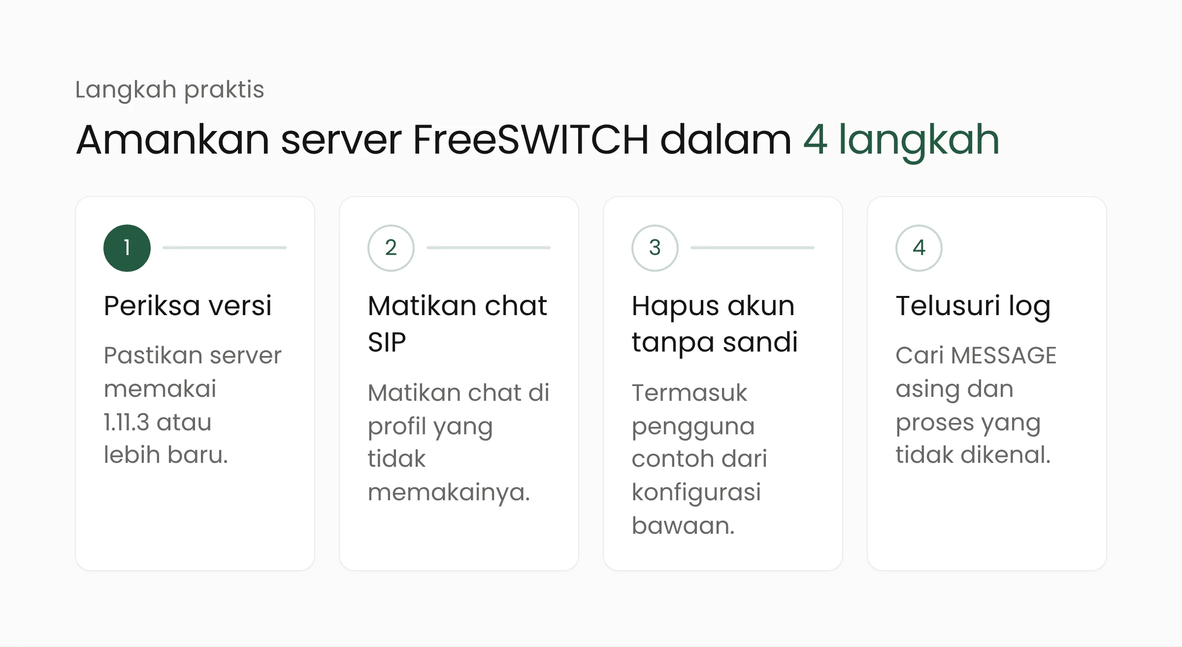 Langkah mengamankan server FreeSWITCH: periksa versi, matikan chat SIP, hapus akun tanpa kata sandi, dan telusuri log