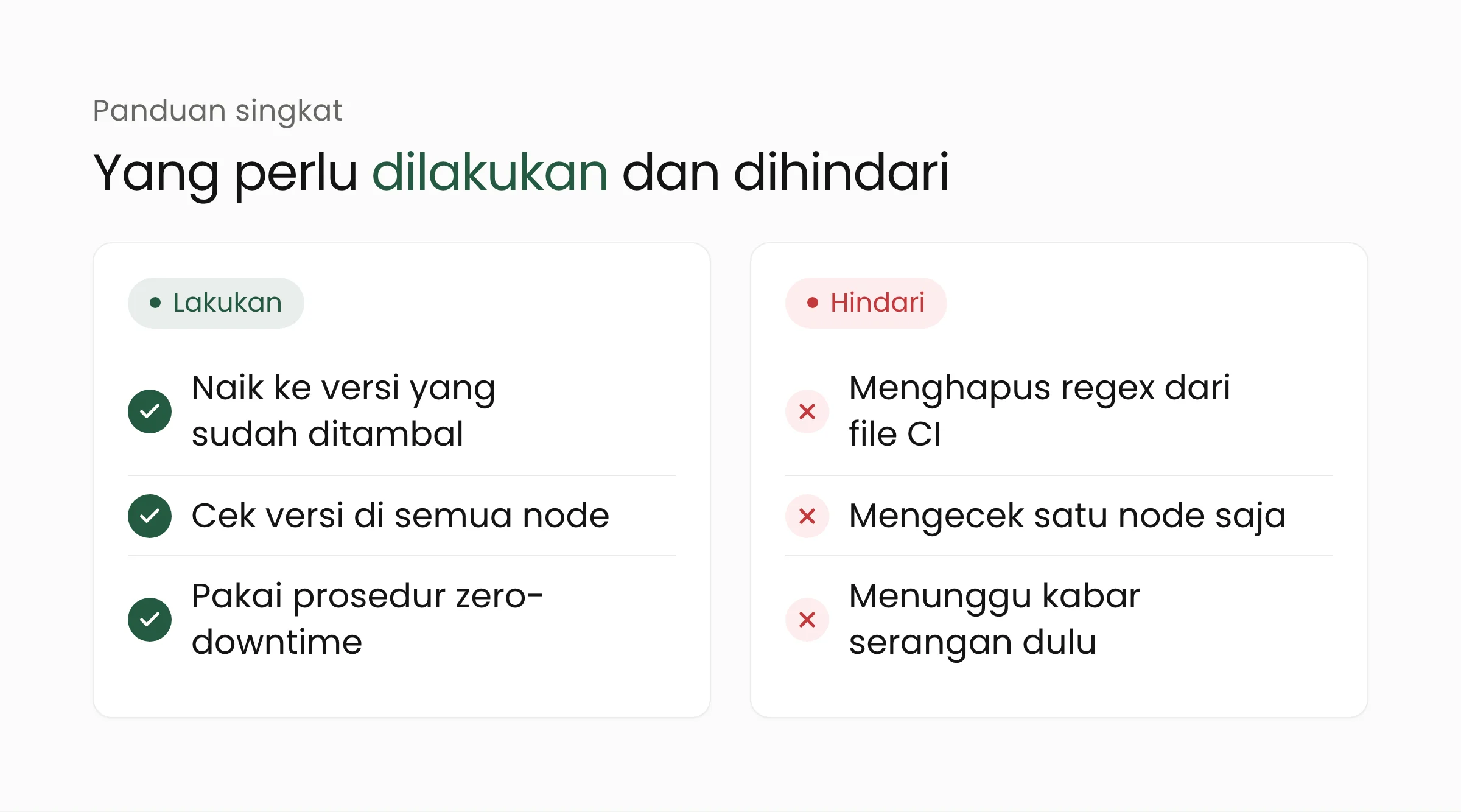 Daftar lakukan dan hindari: lakukan upgrade ke versi aman, cek semua node, pakai prosedur zero-downtime; hindari menghapus regex dari file CI, mengecek satu node, atau menunggu kabar serangan