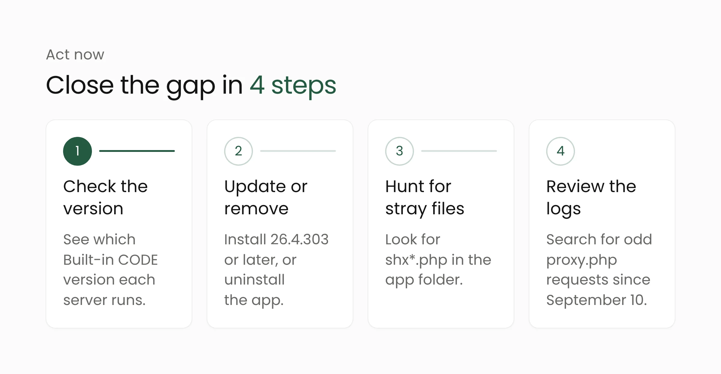 Four steps to close the Nextcloud Collabora CODE flaw: check the version, update or remove the app, look for shx*.php files, and review proxy.php logs since September 10