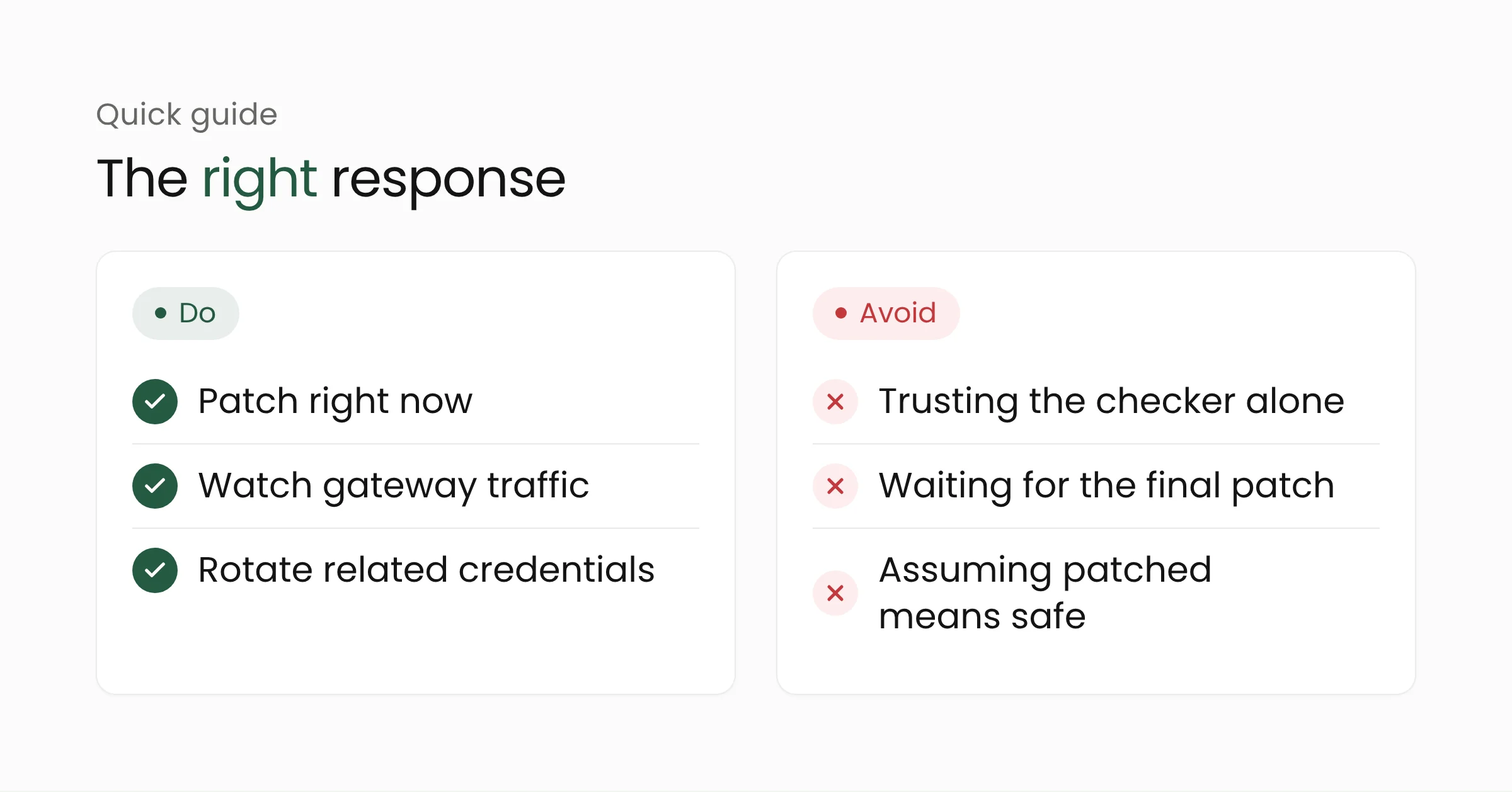 Do and avoid guide: apply the patch, watch gateway traffic, rotate credentials; avoid relying on the checker alone, waiting, or assuming safety after patching