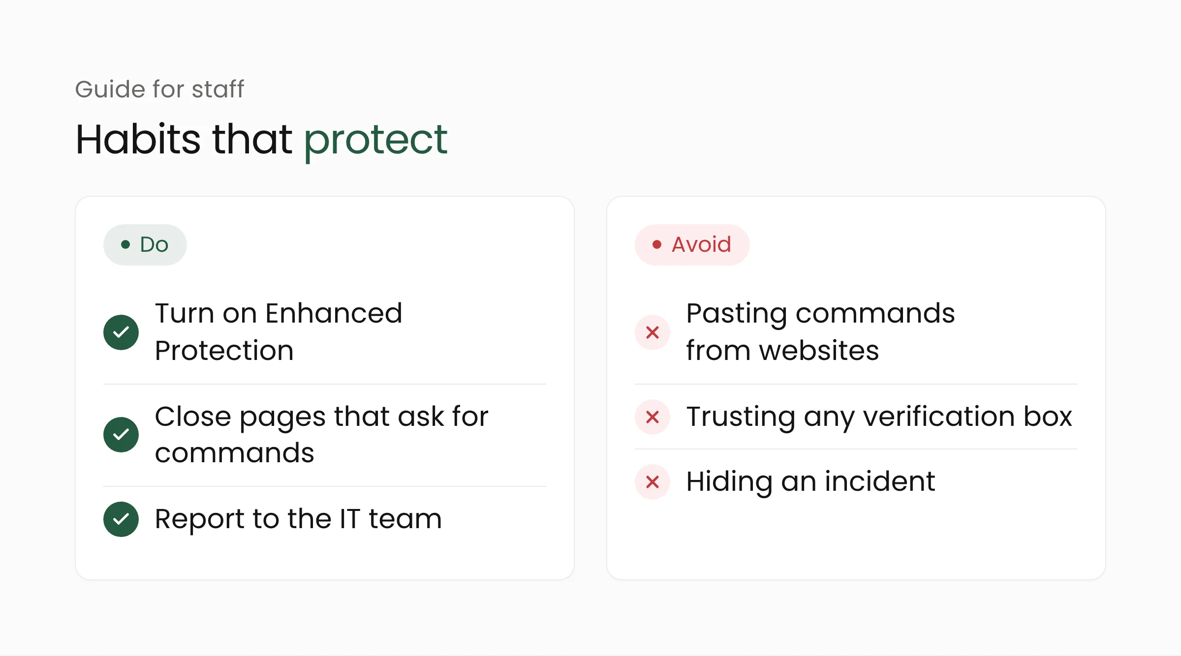 Do and avoid list for staff: turn on Enhanced Protection, close pages that ask you to paste a command, report to IT, never run commands from a website
