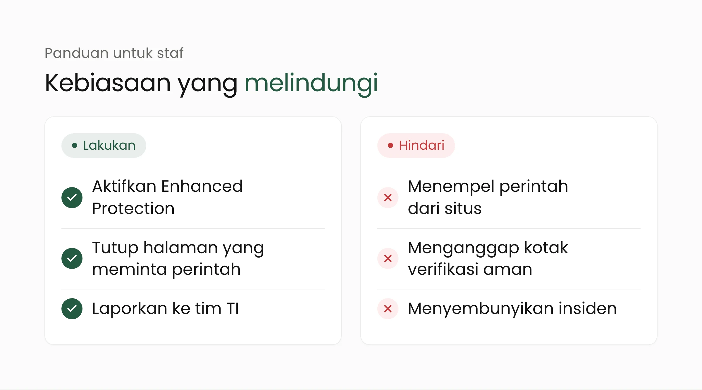 Daftar lakukan dan hindari bagi staf: aktifkan Enhanced Protection, tutup halaman yang meminta menempel perintah, laporkan ke tim TI, jangan menjalankan perintah dari situs