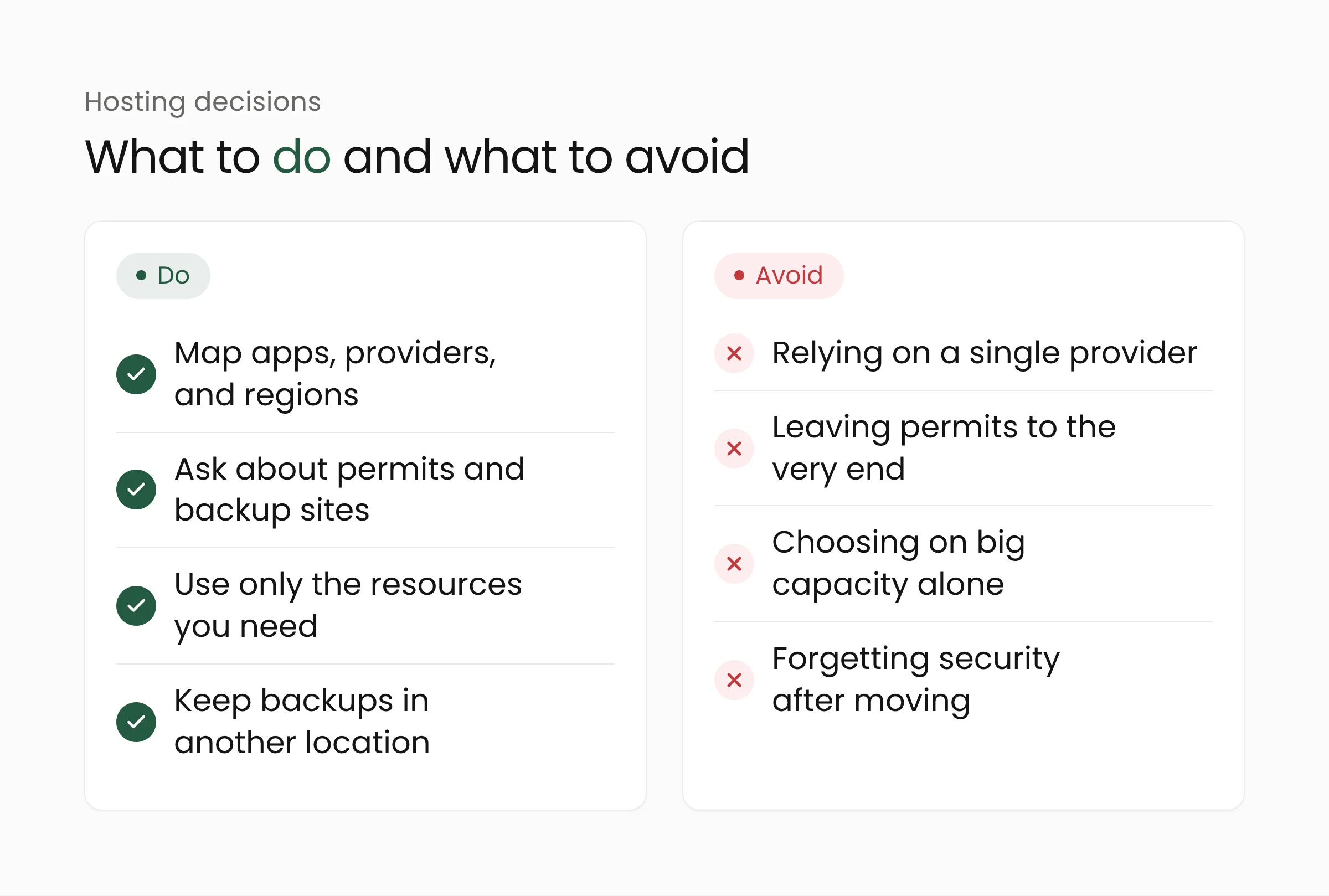 What organizations should do and avoid when making hosting decisions