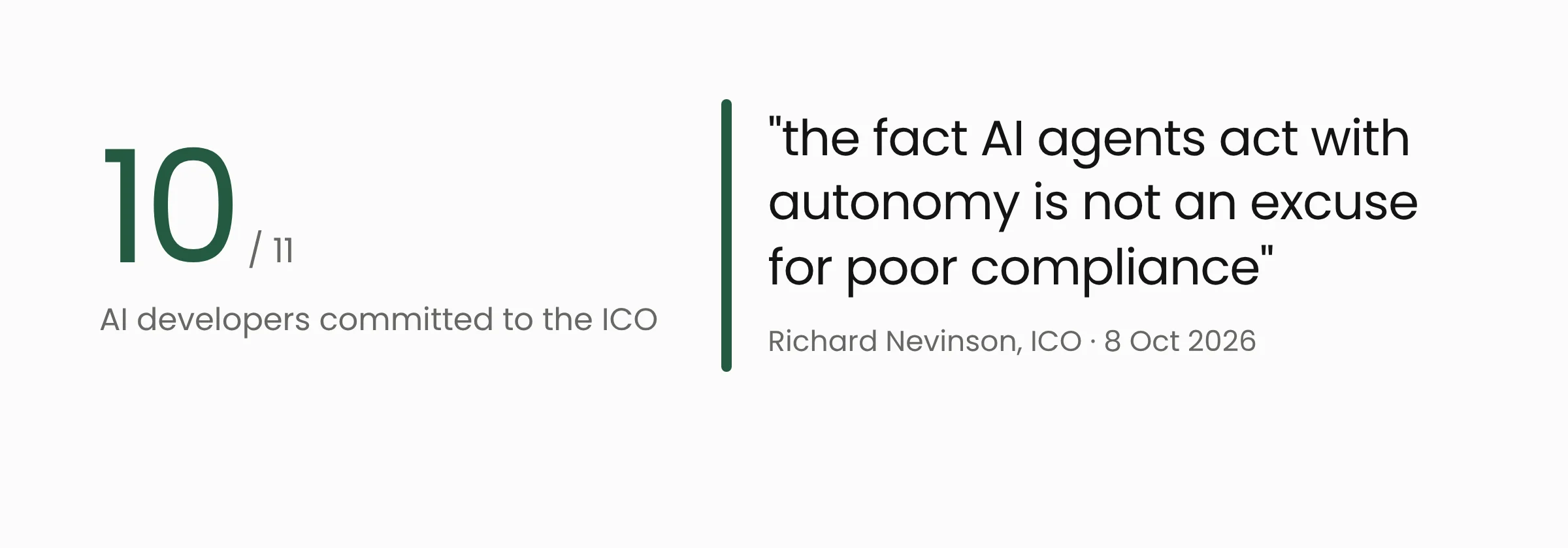 Key fact: 10 of the 11 developers supervised by the ICO made commitments, plus Richard Nevinson's quote on agent autonomy