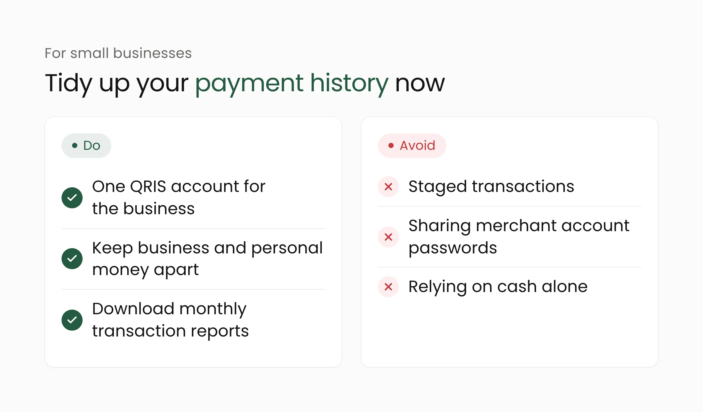 Guide for small businesses: do use one business QRIS account, separate business and personal money, and download monthly reports; avoid staged transactions, sharing merchant passwords, and relying on cash alone