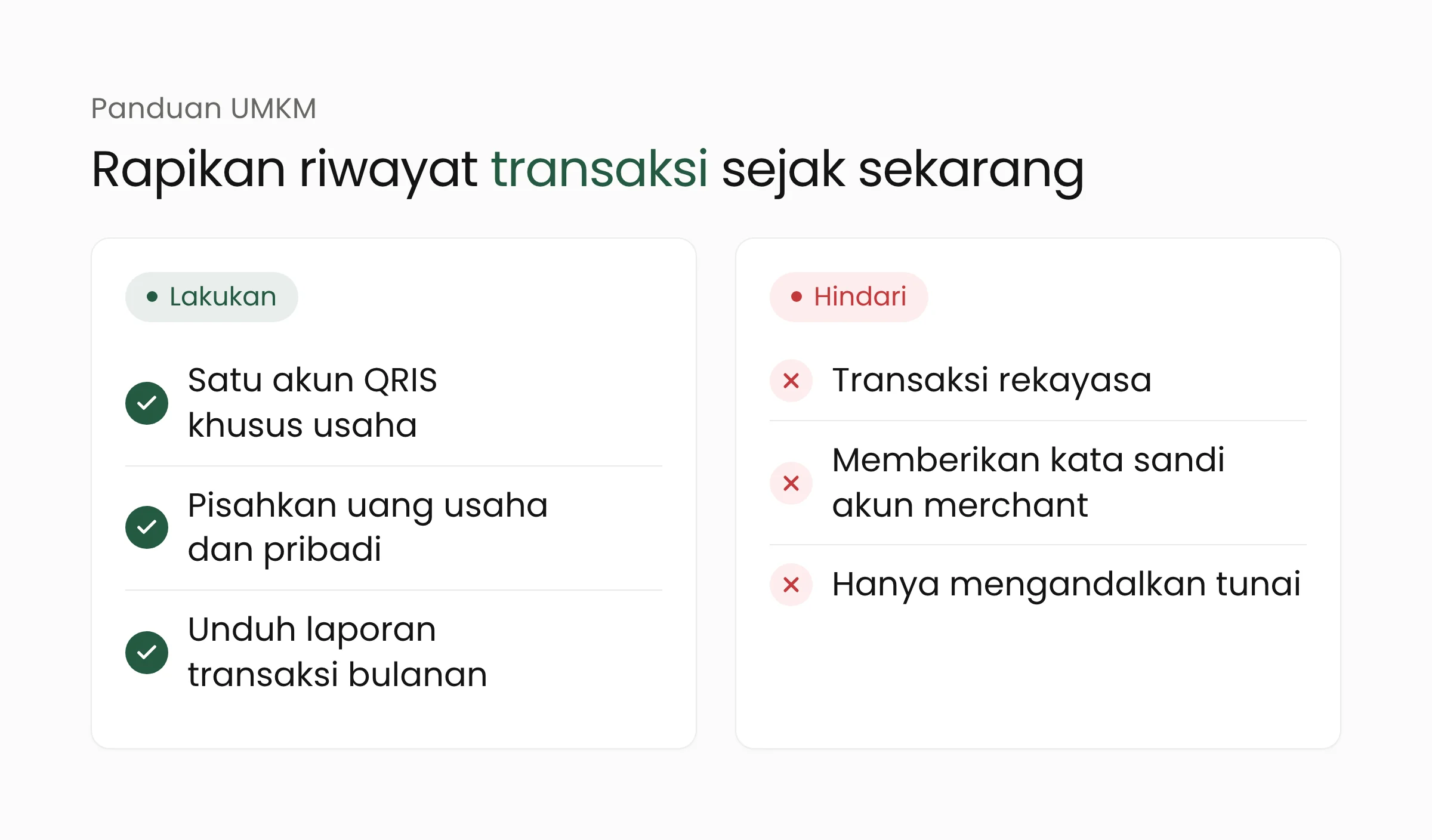 Panduan bagi UMKM: lakukan dengan memakai satu akun QRIS usaha, memisahkan uang usaha dan pribadi, serta mengunduh laporan bulanan; hindari transaksi rekayasa, memberikan kata sandi akun merchant, dan mengandalkan tunai sepenuhnya