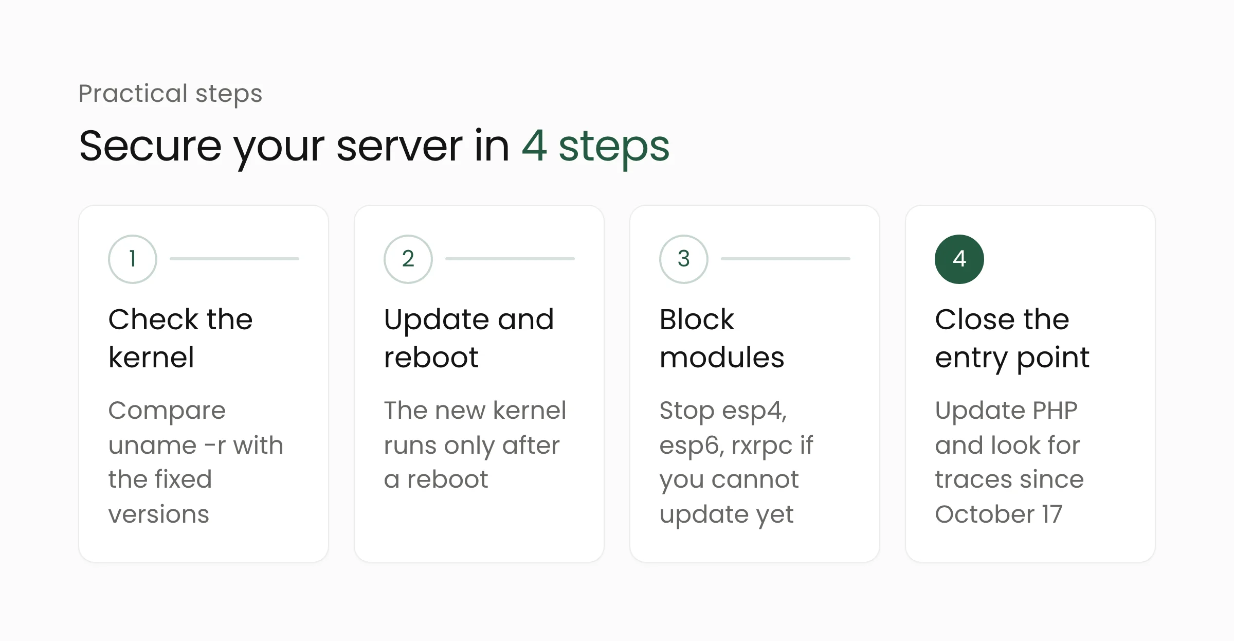 Four steps to handle Fragnesia on a Linux server: check the kernel, update and reboot, block modules, look for traces