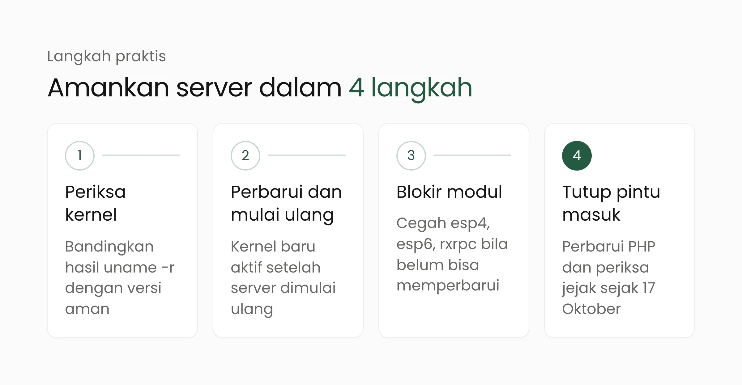 Empat langkah menangani celah Fragnesia di server Linux: periksa kernel, perbarui dan mulai ulang, blokir modul, periksa jejak
