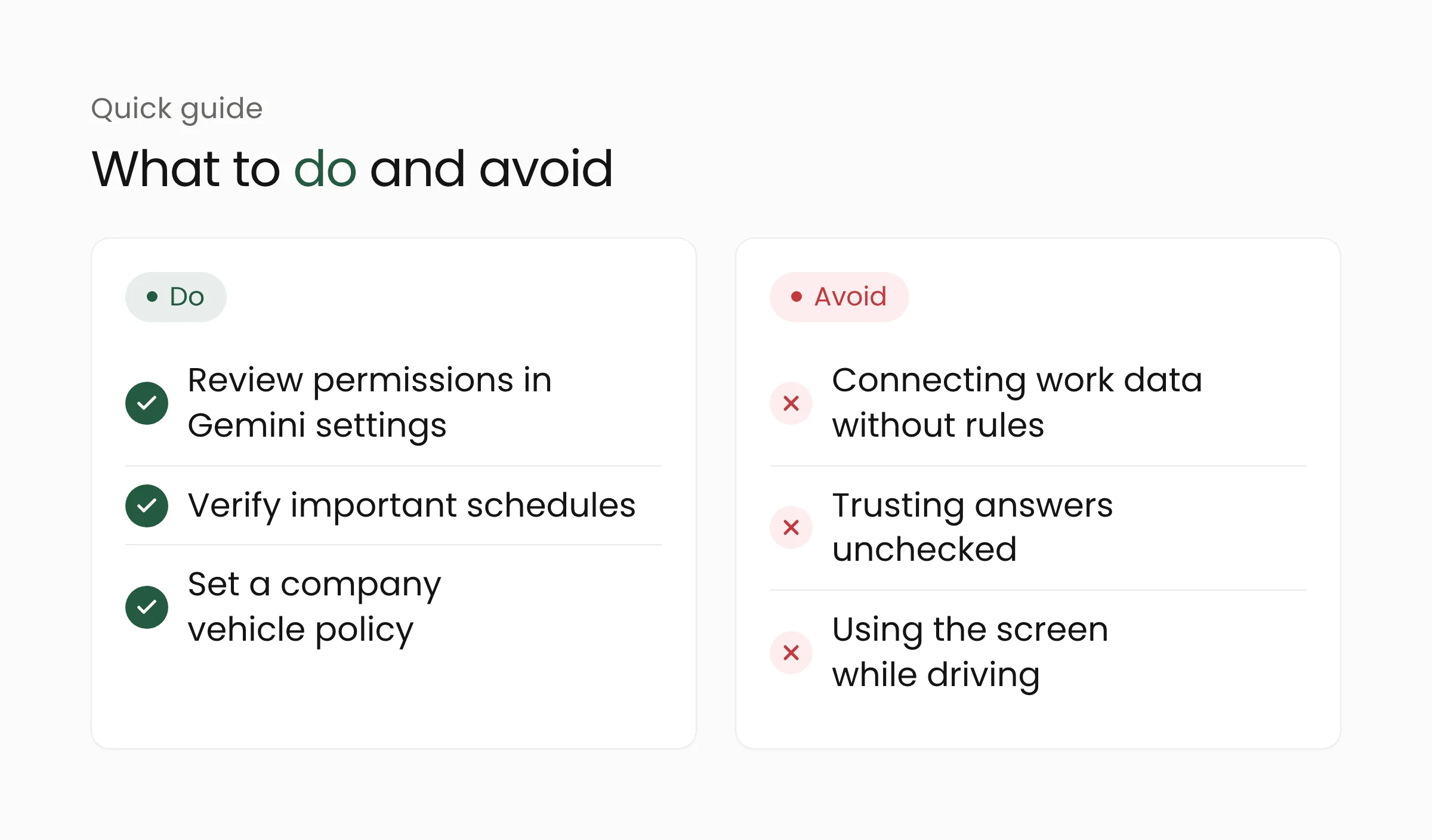 Do and avoid list for Personal Intelligence in the car: review permission settings, verify important schedules, and do not connect work data without a policy