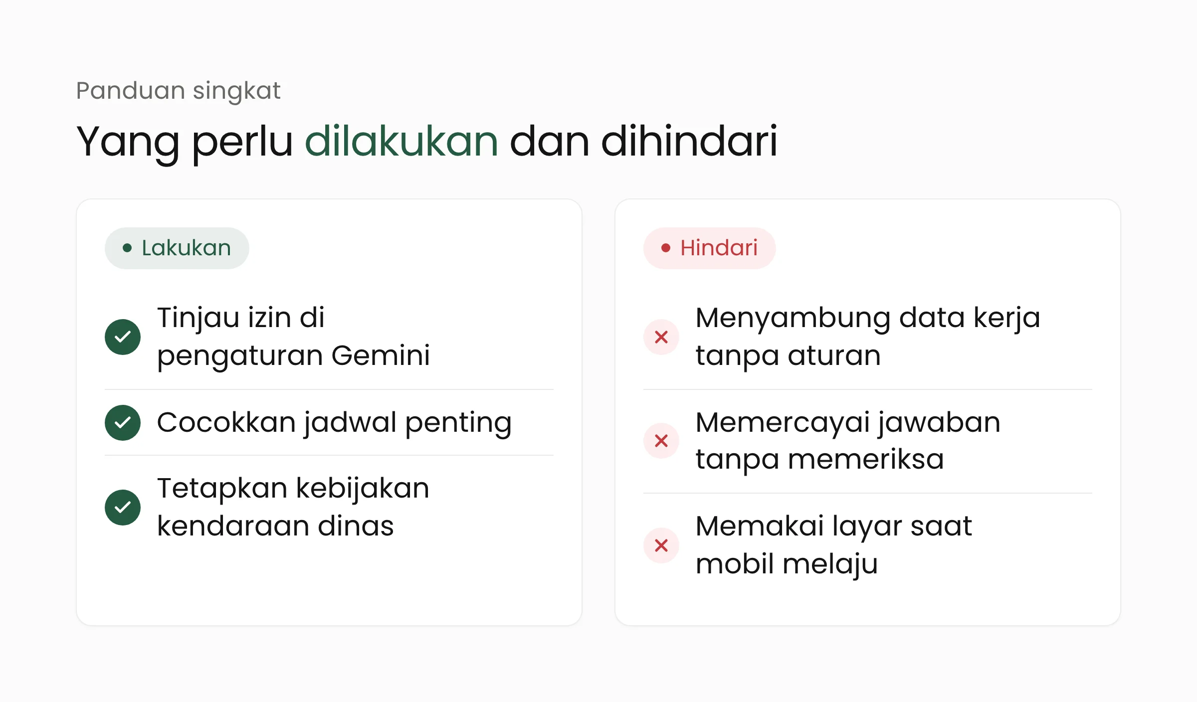 Daftar lakukan dan hindari untuk Personal Intelligence di mobil: periksa pengaturan izin, cocokkan jadwal penting, dan jangan menghubungkan data kerja tanpa kebijakan