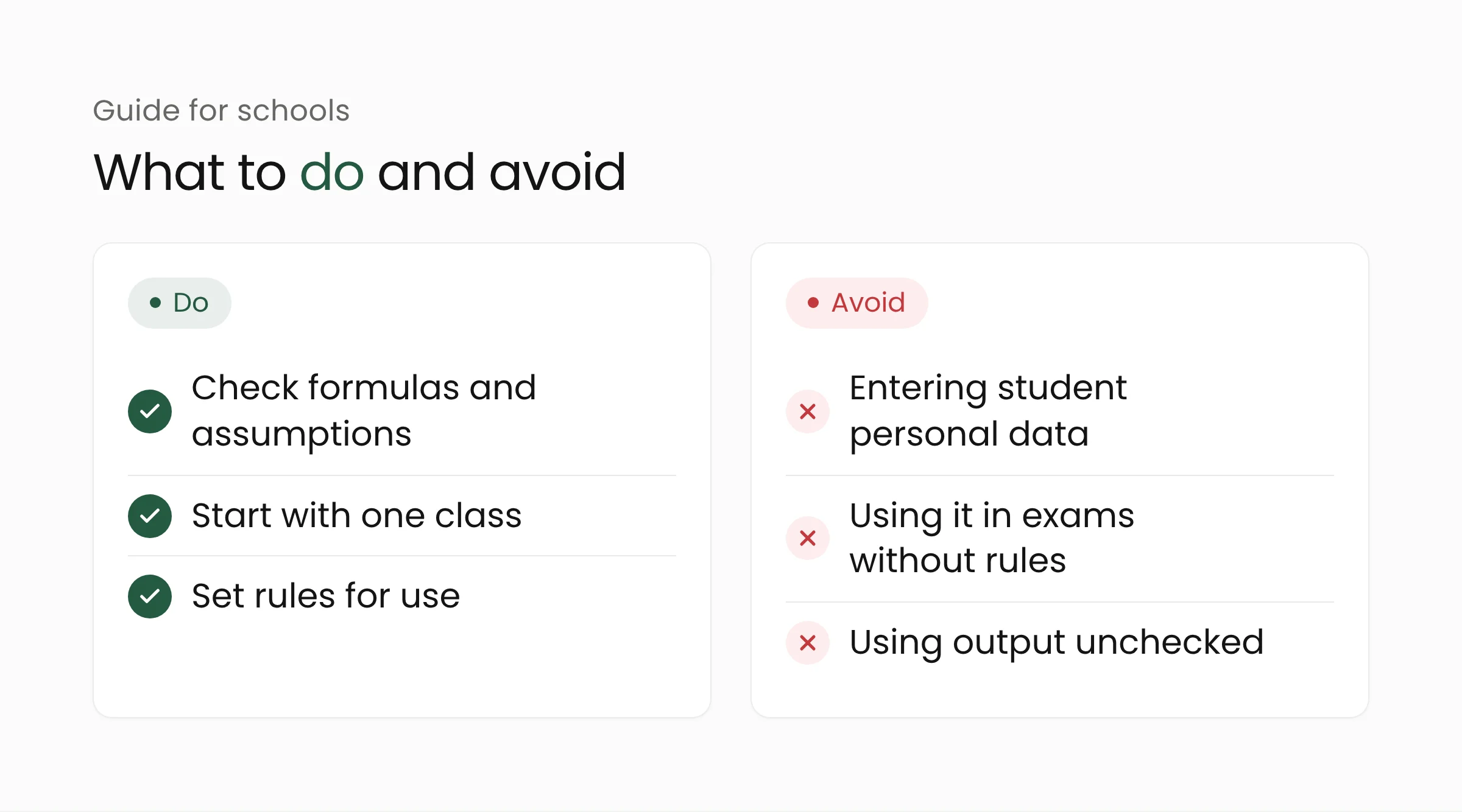 Guide to using ChatGPT interactive answers in schools: do check formulas and assumptions, avoid entering students' personal data