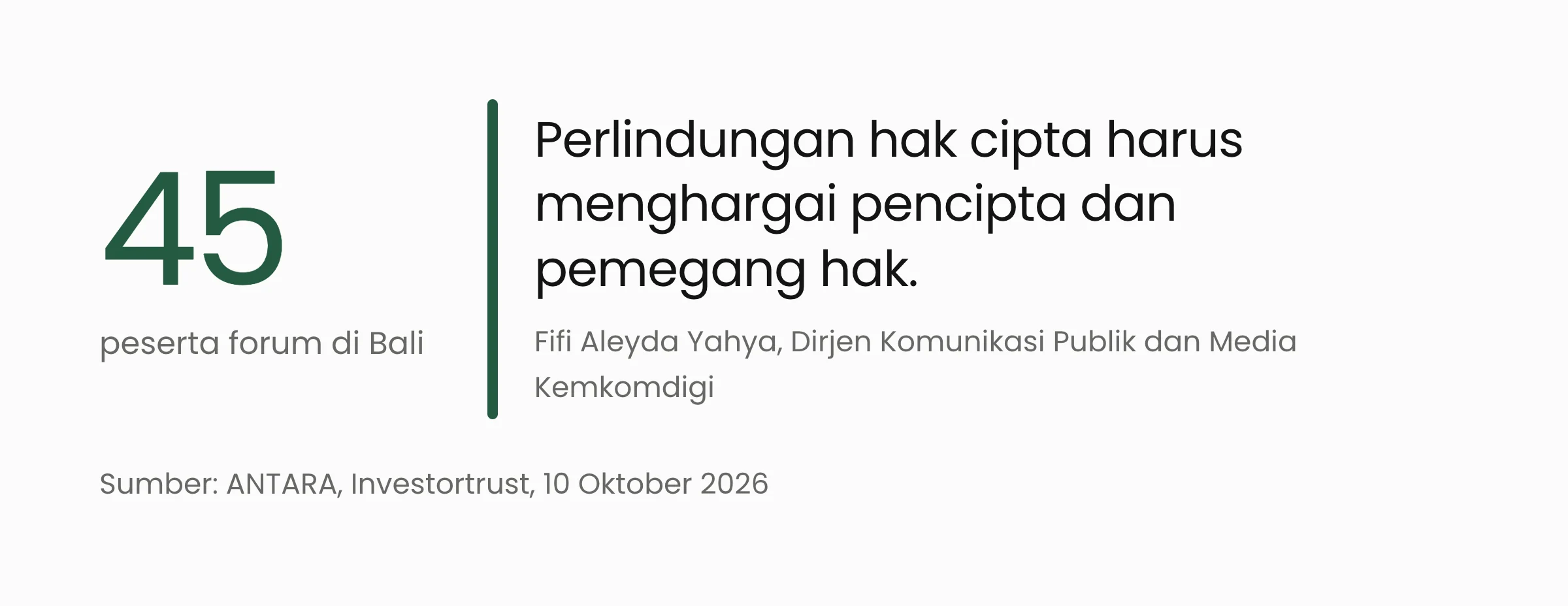 Forum ASEAN di Bali diikuti 45 peserta, dengan kutipan Dirjen Kemkomdigi Fifi Aleyda Yahya: perlindungan hak cipta harus menghargai pencipta dan pemegang hak