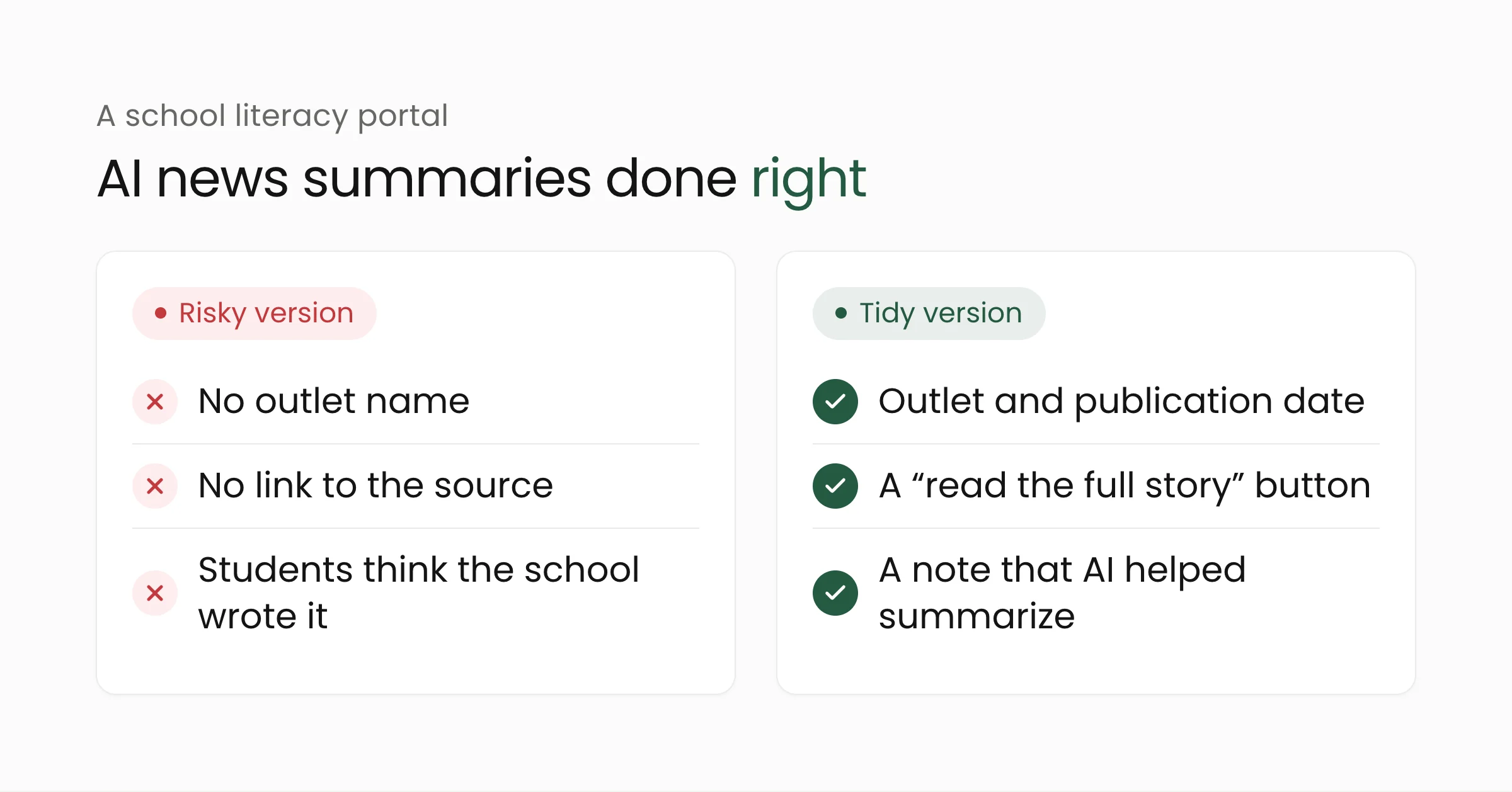 Comparison of a risky and a tidy version of AI news summaries on a school literacy portal