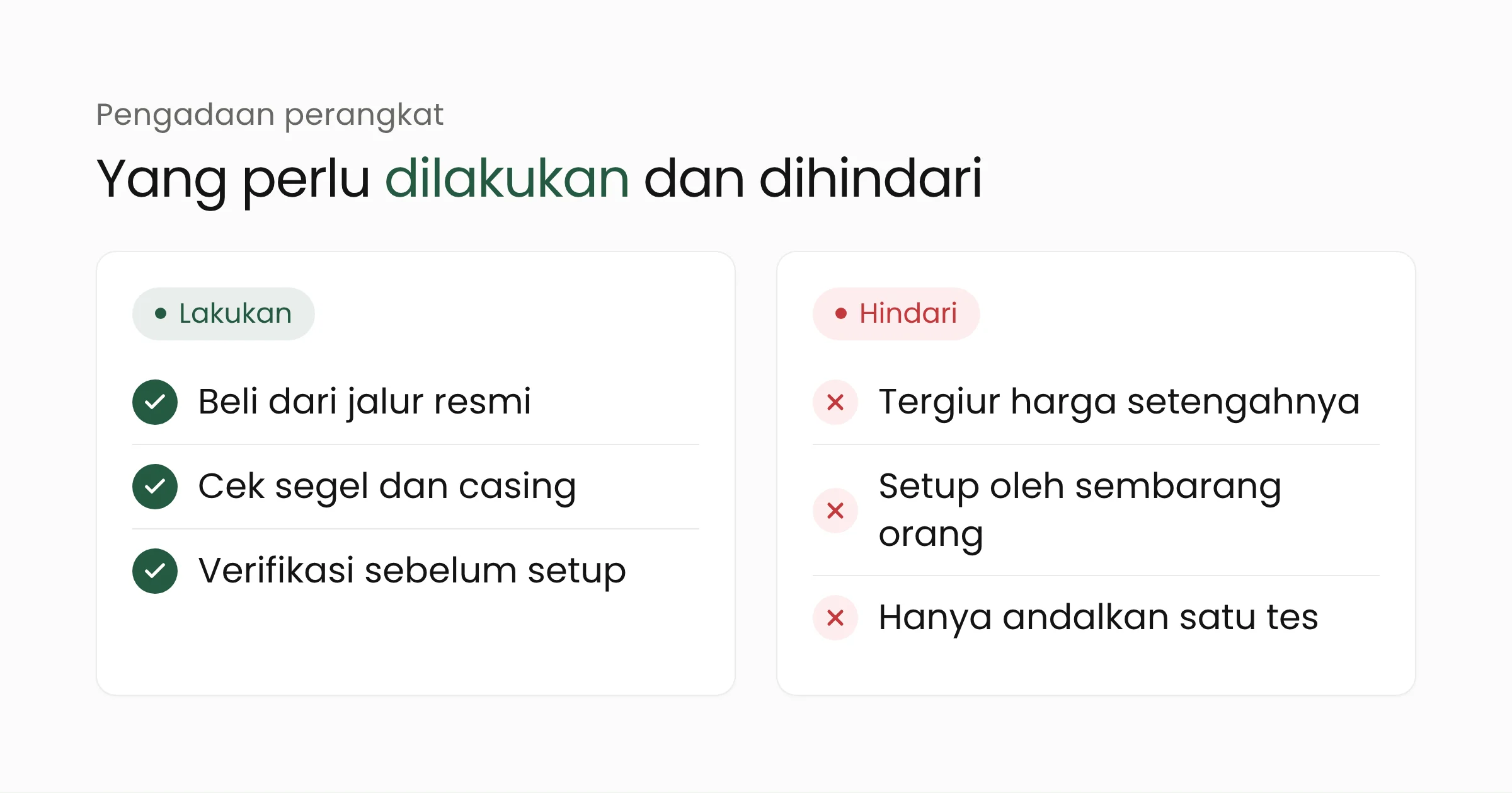 Daftar lakukan dan hindari dalam pengadaan perangkat: beli dari jalur resmi, cek segel dan casing, verifikasi sebelum setup; hindari harga setengahnya, setup oleh sembarang orang, dan hanya satu tes