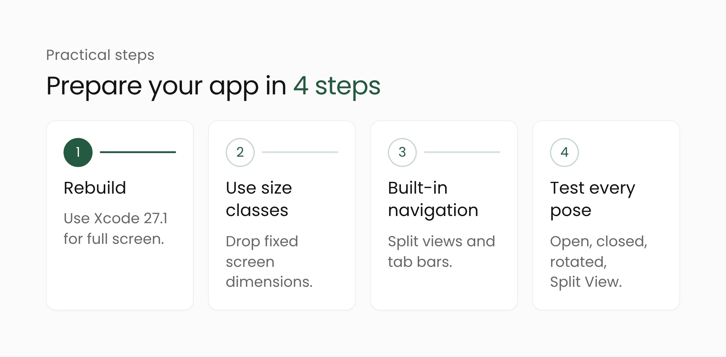 Four steps to prepare an iPhone app for the iPhone Duo: build with Xcode 27.1, use size classes, use built-in navigation, and test Split View