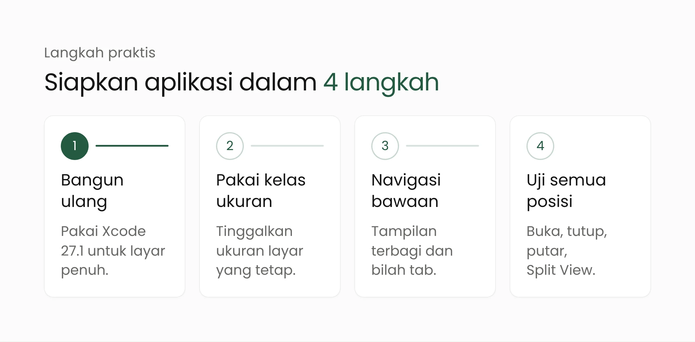Empat langkah menyiapkan aplikasi iPhone untuk iPhone Duo: membangun dengan Xcode 27.1, memakai kelas ukuran, memakai navigasi bawaan, dan menguji Split View