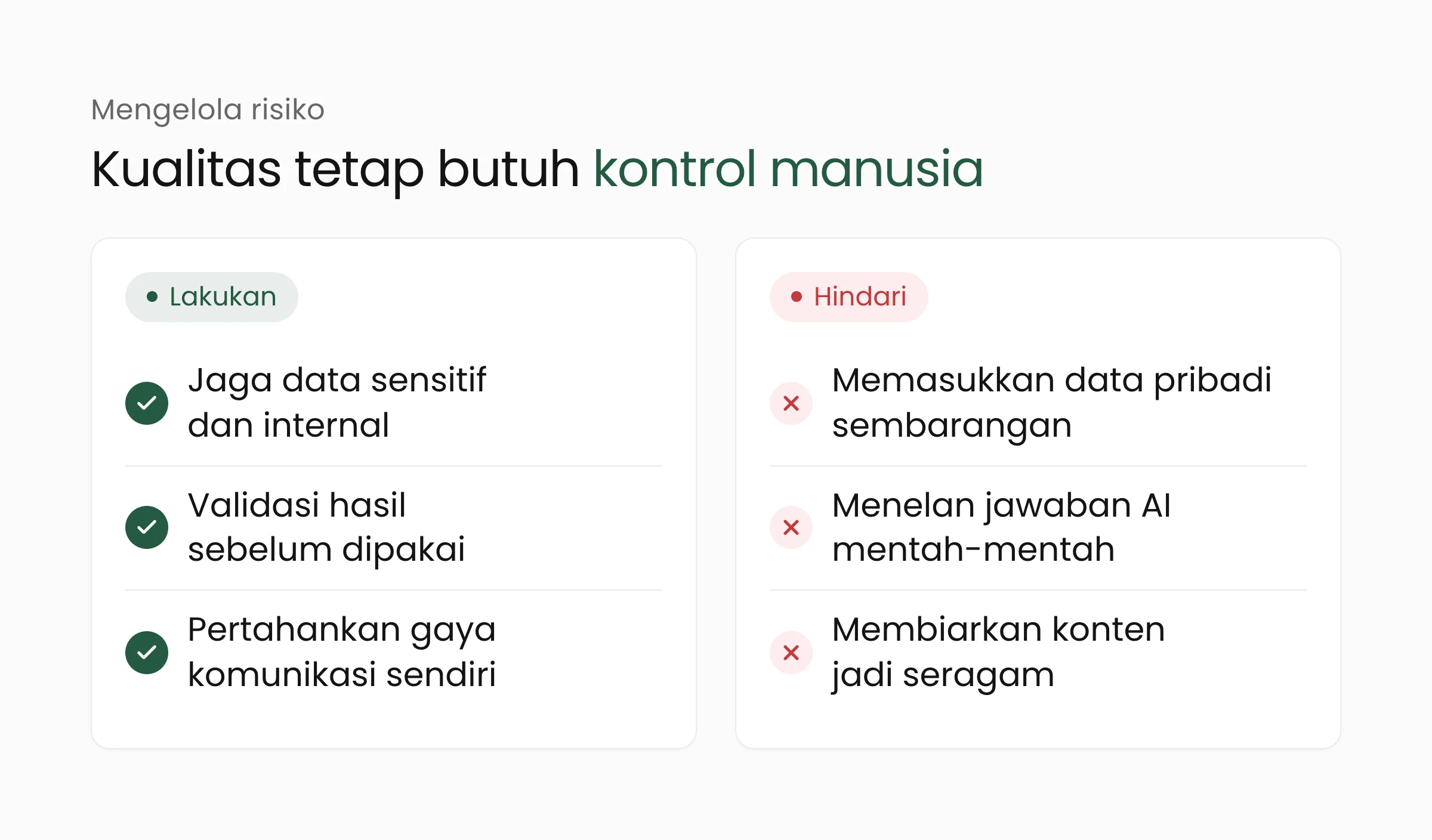 Yang perlu dilakukan dan dihindari untuk mengelola risiko AI generatif di tempat kerja