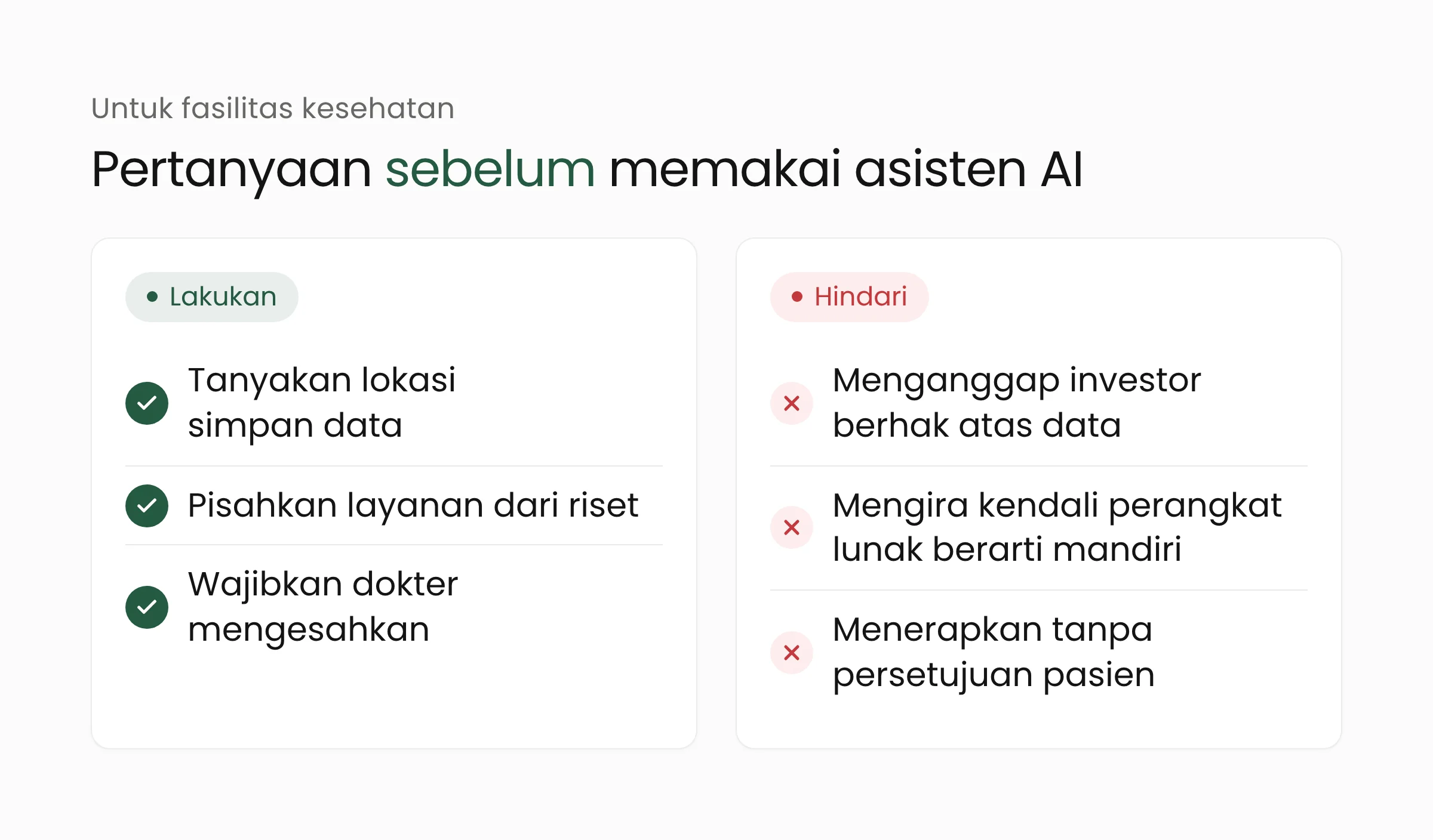 Daftar lakukan dan hindari untuk fasilitas kesehatan yang menimbang asisten AI: tanyakan lokasi simpan data, pisahkan layanan dari riset, wajibkan dokter mengesahkan; hindari menganggap investor berhak atas data, menyamakan kendali perangkat lunak dengan kemandirian, dan menerapkan tanpa persetujuan pasien