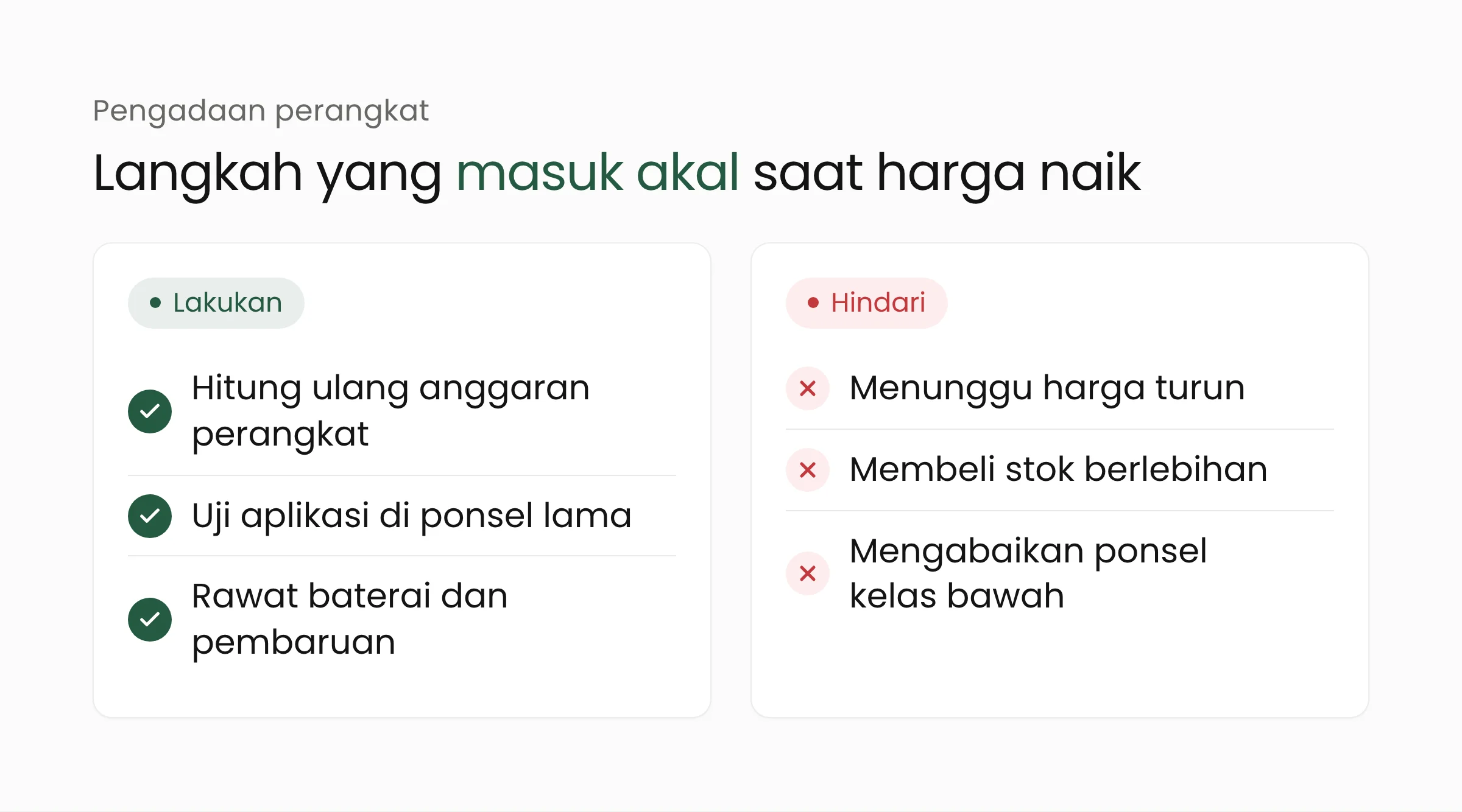 Daftar langkah saat harga perangkat naik: hitung ulang anggaran, uji aplikasi di ponsel lama, rawat baterai dan pembaruan, serta hal yang dihindari