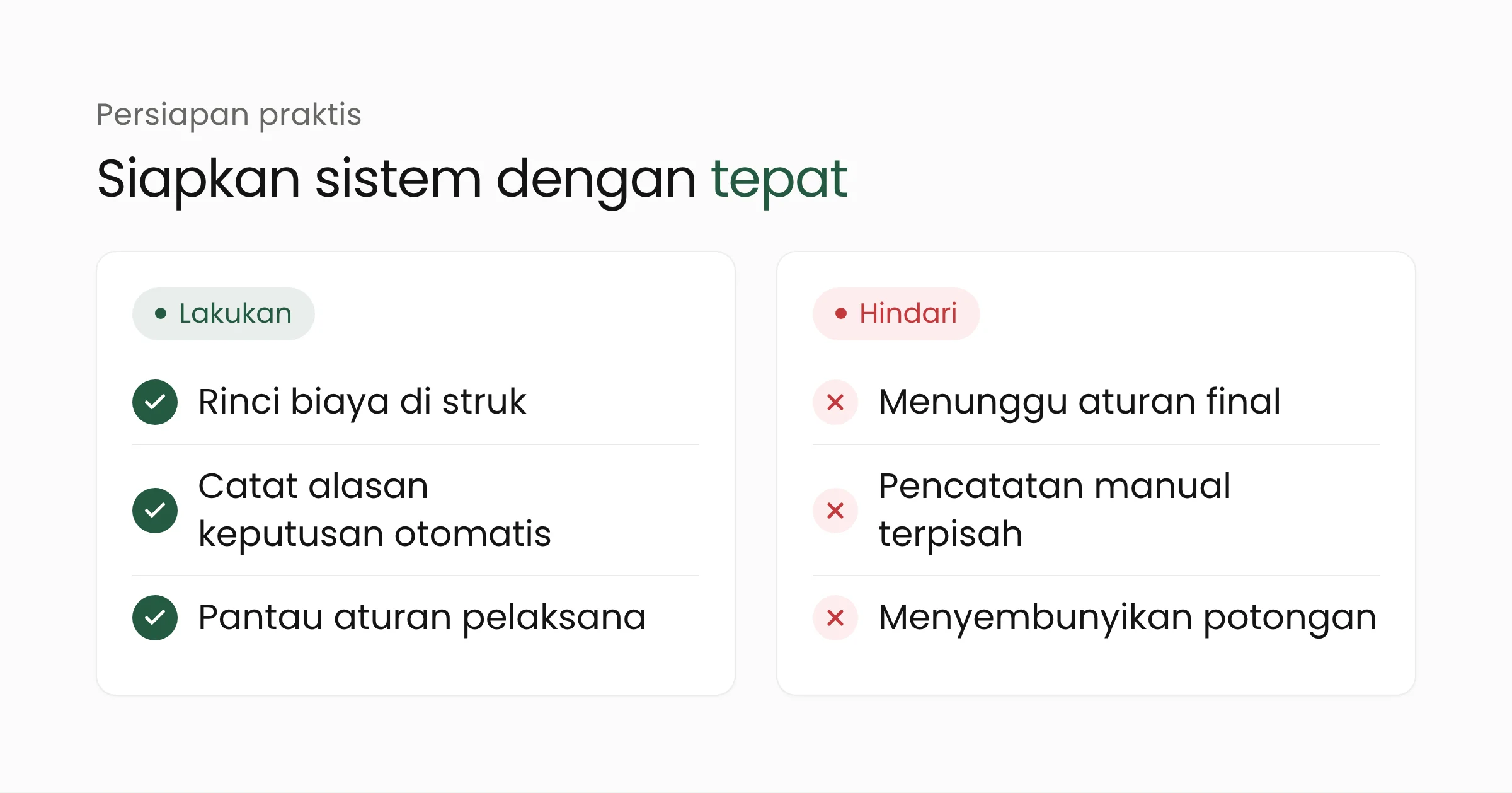 Daftar lakukan dan hindari untuk persiapan: tampilkan rincian biaya di struk, catat keputusan algoritma agar dapat dijelaskan, pantau aturan pelaksana; hindari menunggu aturan final, mencatat manual terpisah, dan menyembunyikan potongan