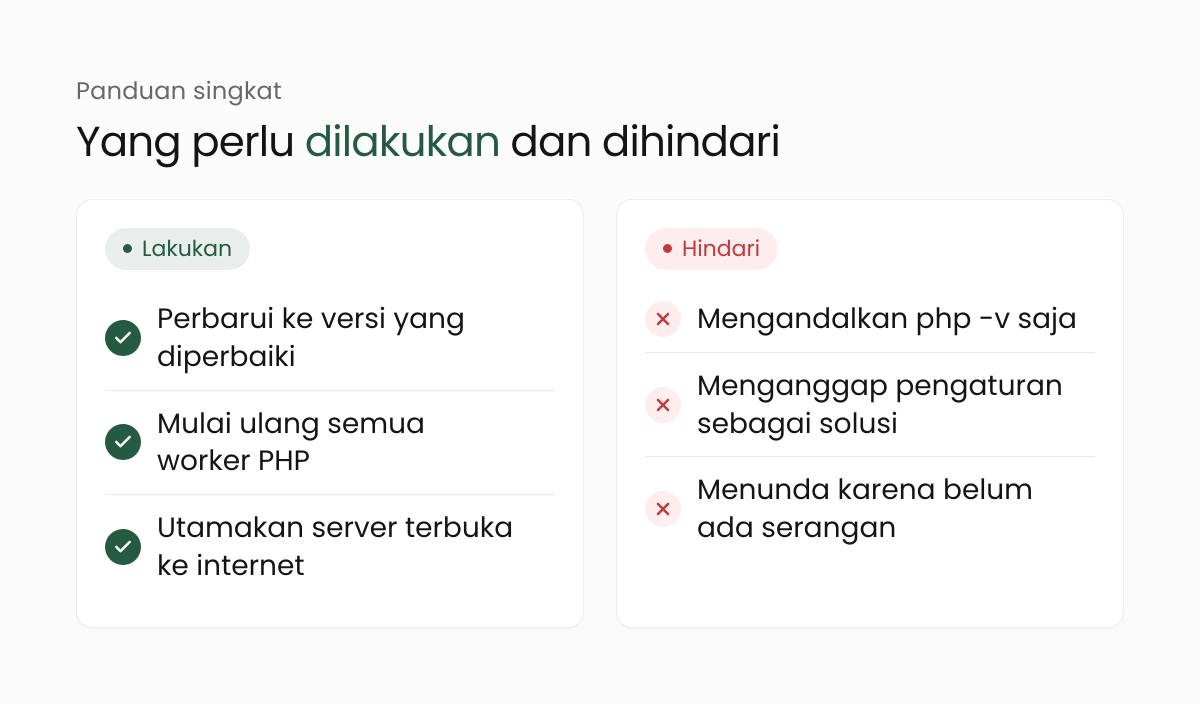 Daftar lakukan dan hindari untuk PHP2Shell: perbarui, mulai ulang worker, dahulukan server terbuka ke internet; hindari mengandalkan php -v, menganggap pengaturan sebagai solusi, atau menunda
