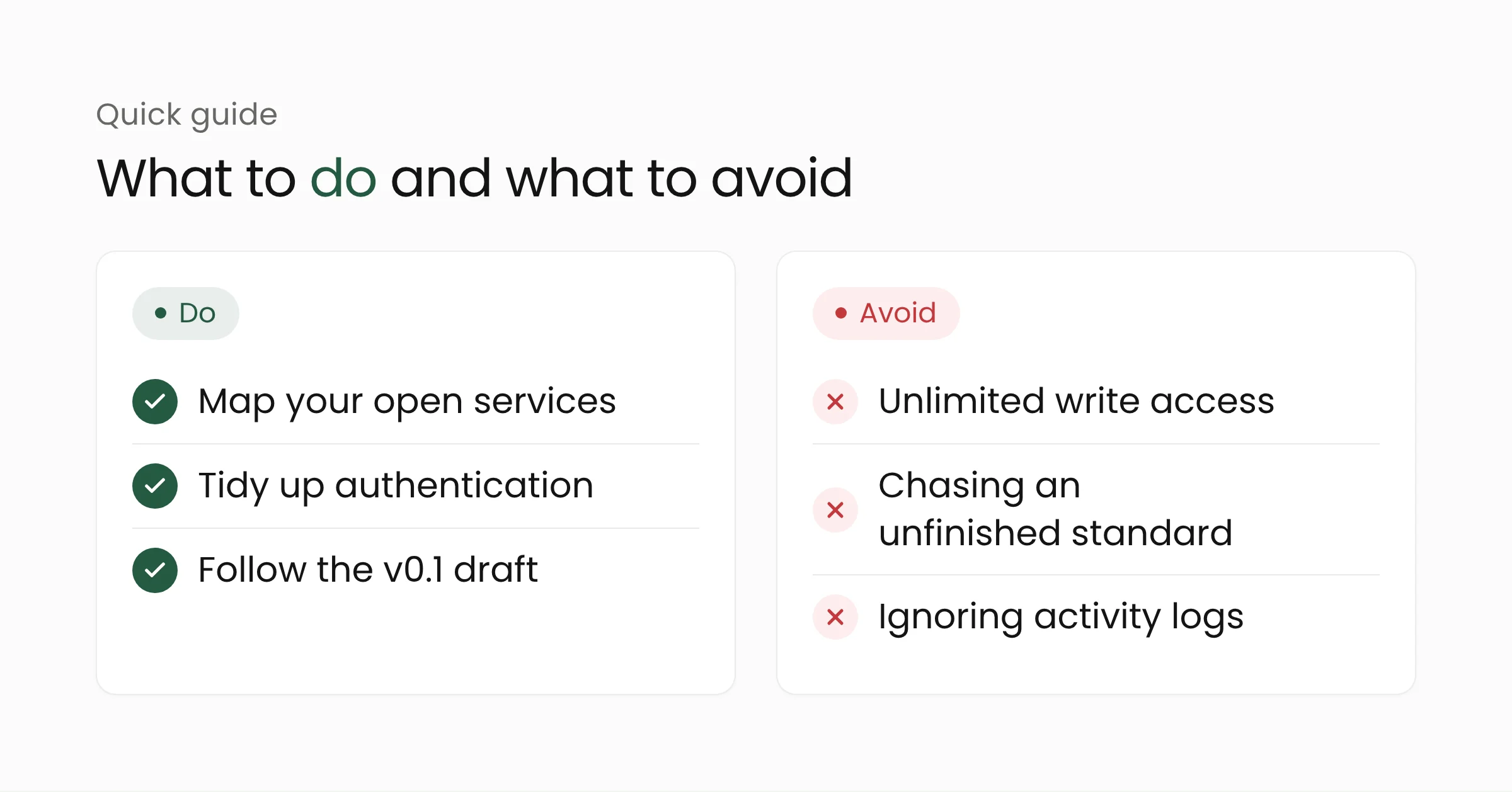 Do and don't list for preparing services for AI agents: do map, tidy authentication, follow the draft; avoid unlimited write access, chasing an unfinished standard, ignoring logs