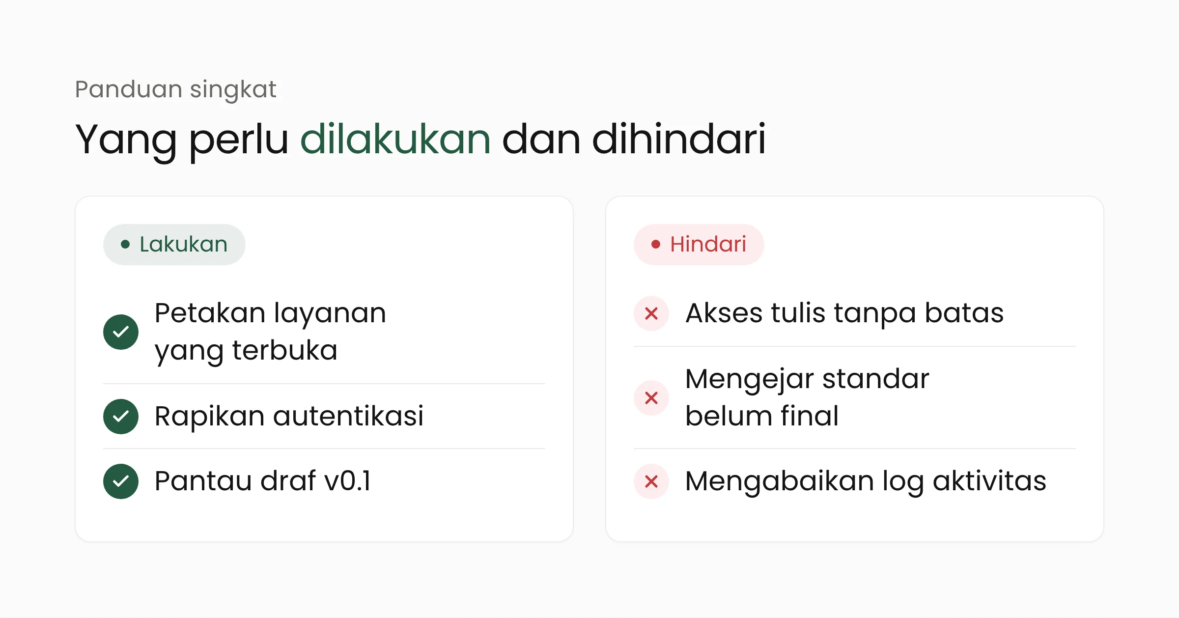 Daftar lakukan dan hindari saat menyiapkan layanan menghadapi agen AI: lakukan pemetaan, rapikan autentikasi, pantau draf; hindari akses tulis tanpa batas, mengejar standar belum final, mengabaikan log