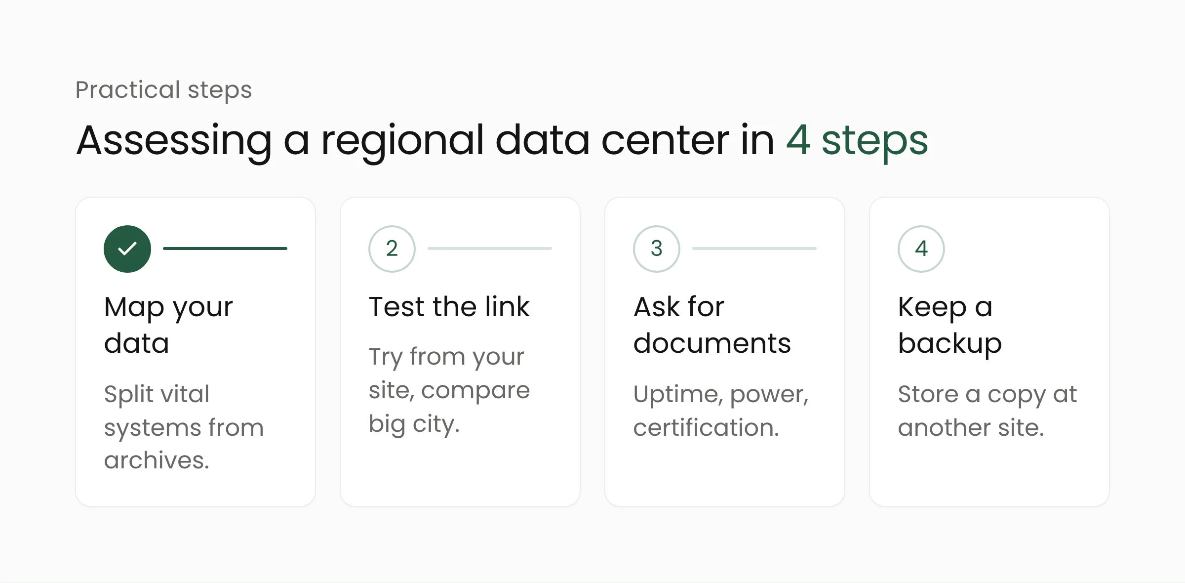 Four steps to assess a regional data center: map your data, test the connection, check service guarantees, plan an off-site backup