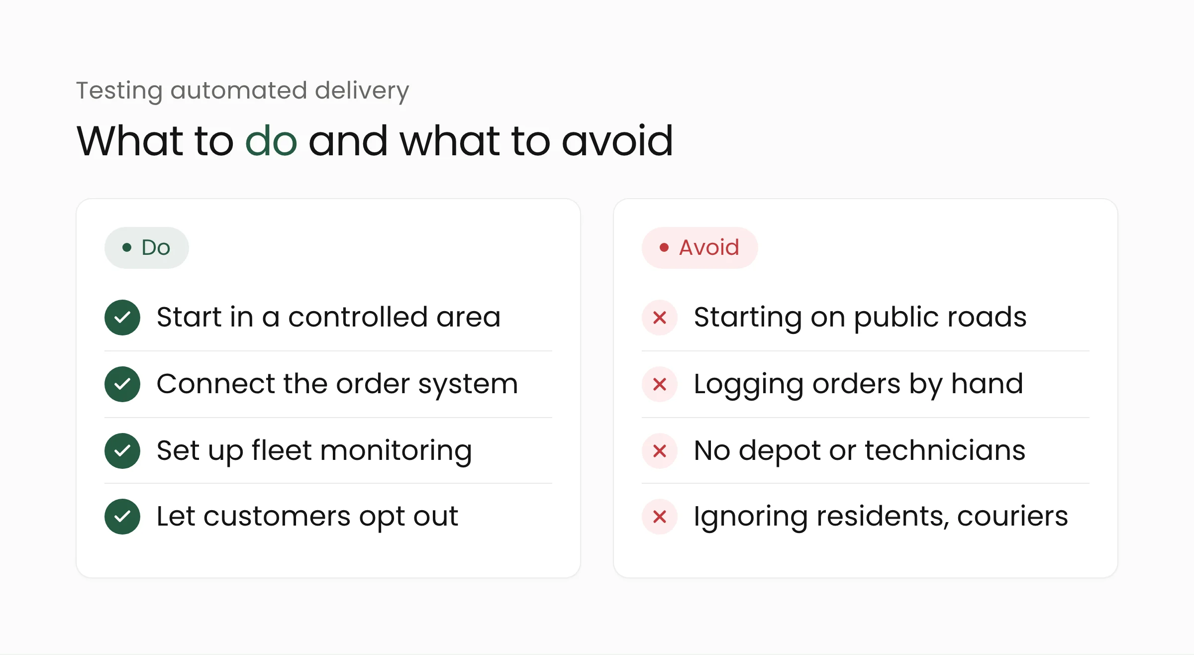 What to do and what to avoid when testing automated delivery on a campus, hospital complex, or industrial estate