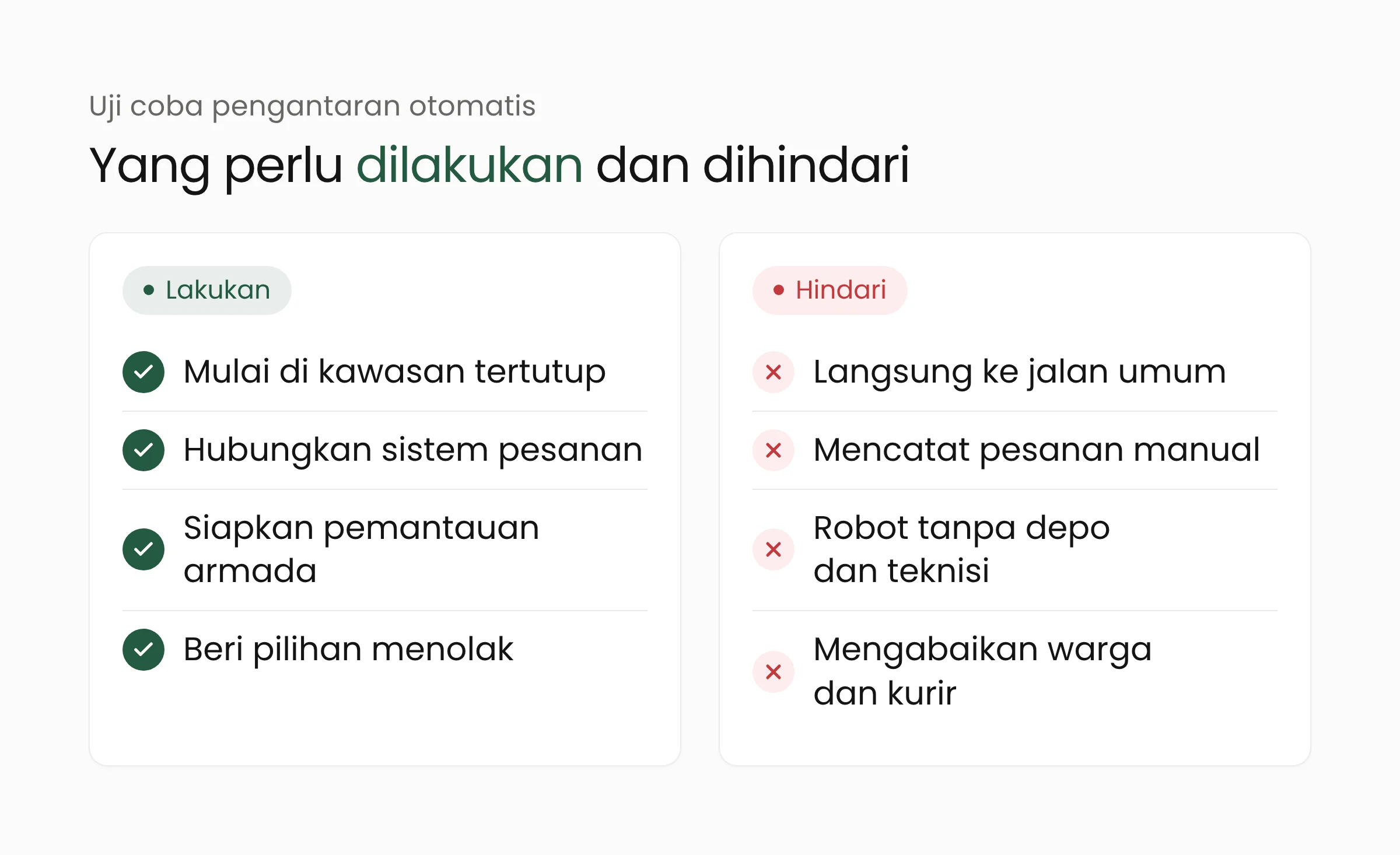 Hal yang sebaiknya dilakukan dan dihindari saat menguji pengantaran otomatis di kawasan kampus, rumah sakit, atau kawasan industri