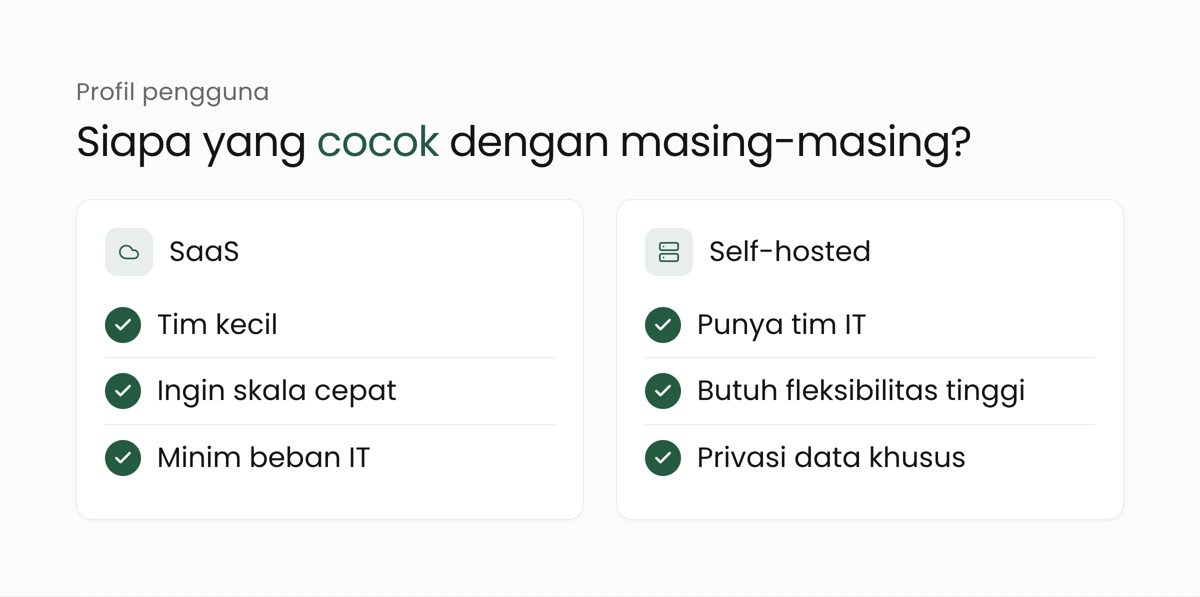 Perbandingan siapa yang cocok memakai SaaS (tim kecil, skala cepat, minim beban IT) dan self-hosted (punya tim IT, butuh fleksibilitas, privasi data khusus)