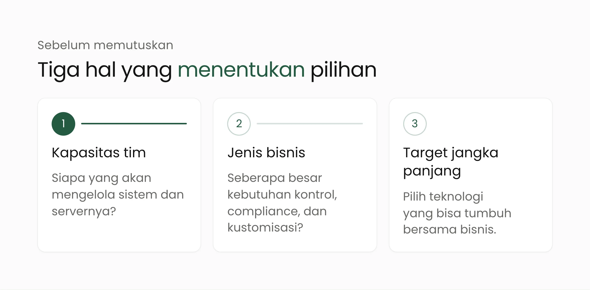 Tiga hal yang menentukan pilihan: kapasitas tim, jenis bisnis, dan target jangka panjang