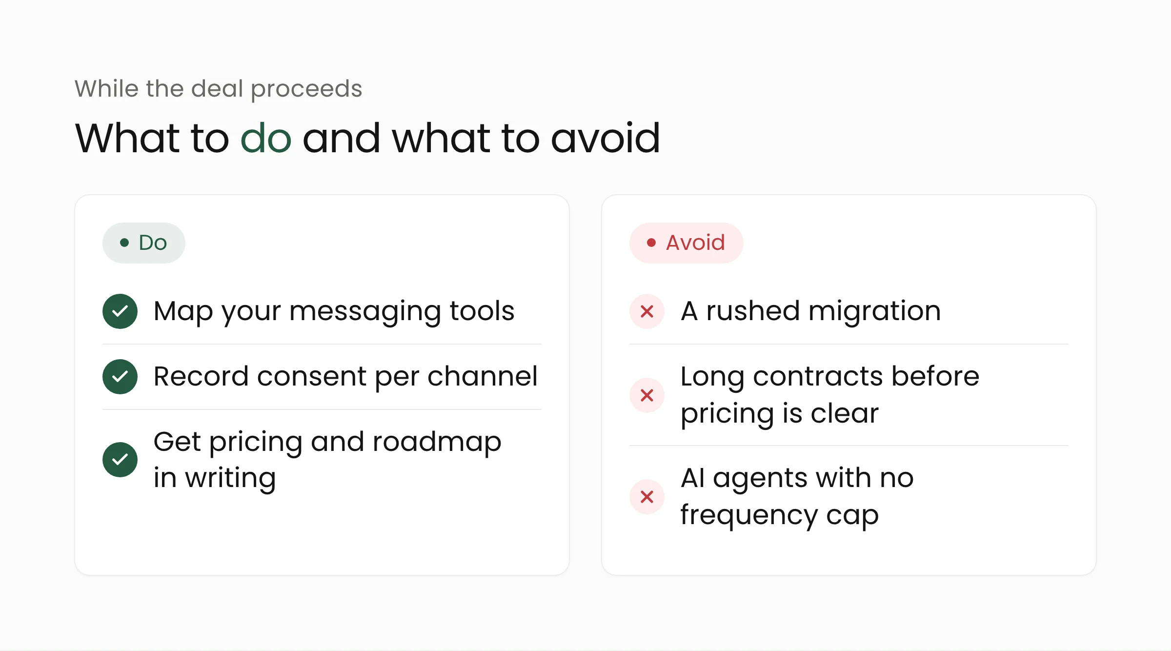 Do and avoid list for businesses that use a customer messaging platform while the acquisition proceeds