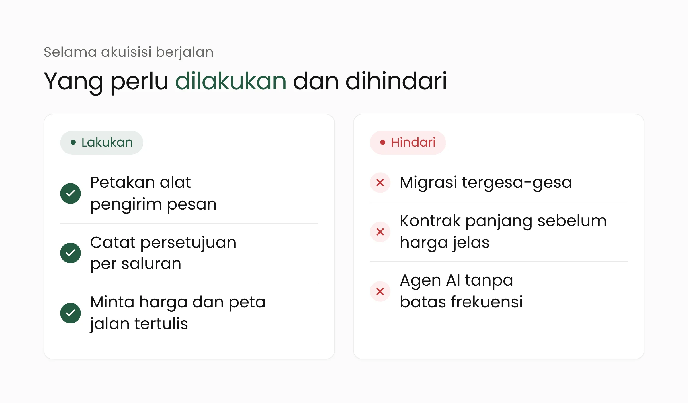 Lakukan dan hindari bagi bisnis yang memakai platform pesan pelanggan selama akuisisi berlangsung