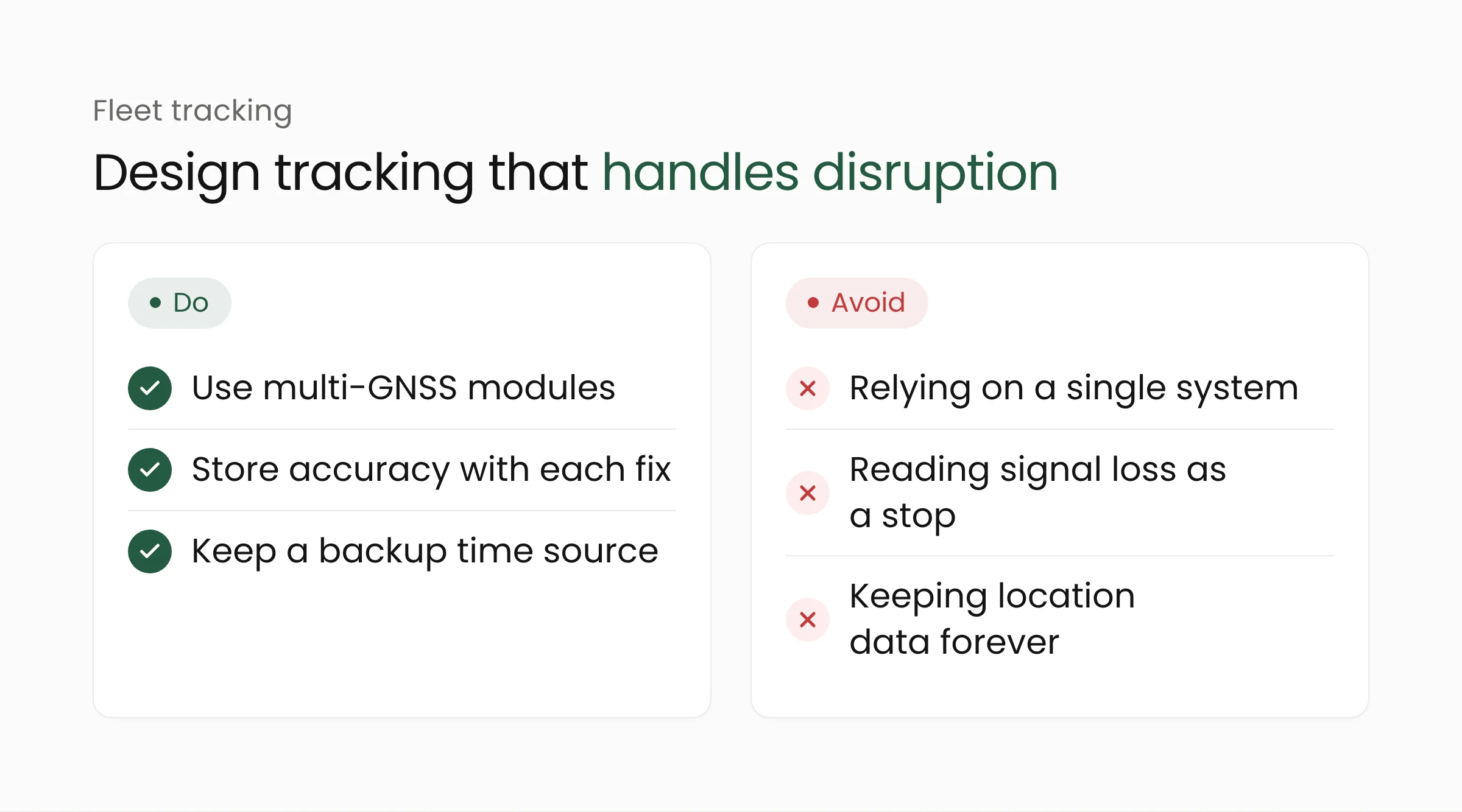 Do and avoid list for designing satellite-based fleet tracking