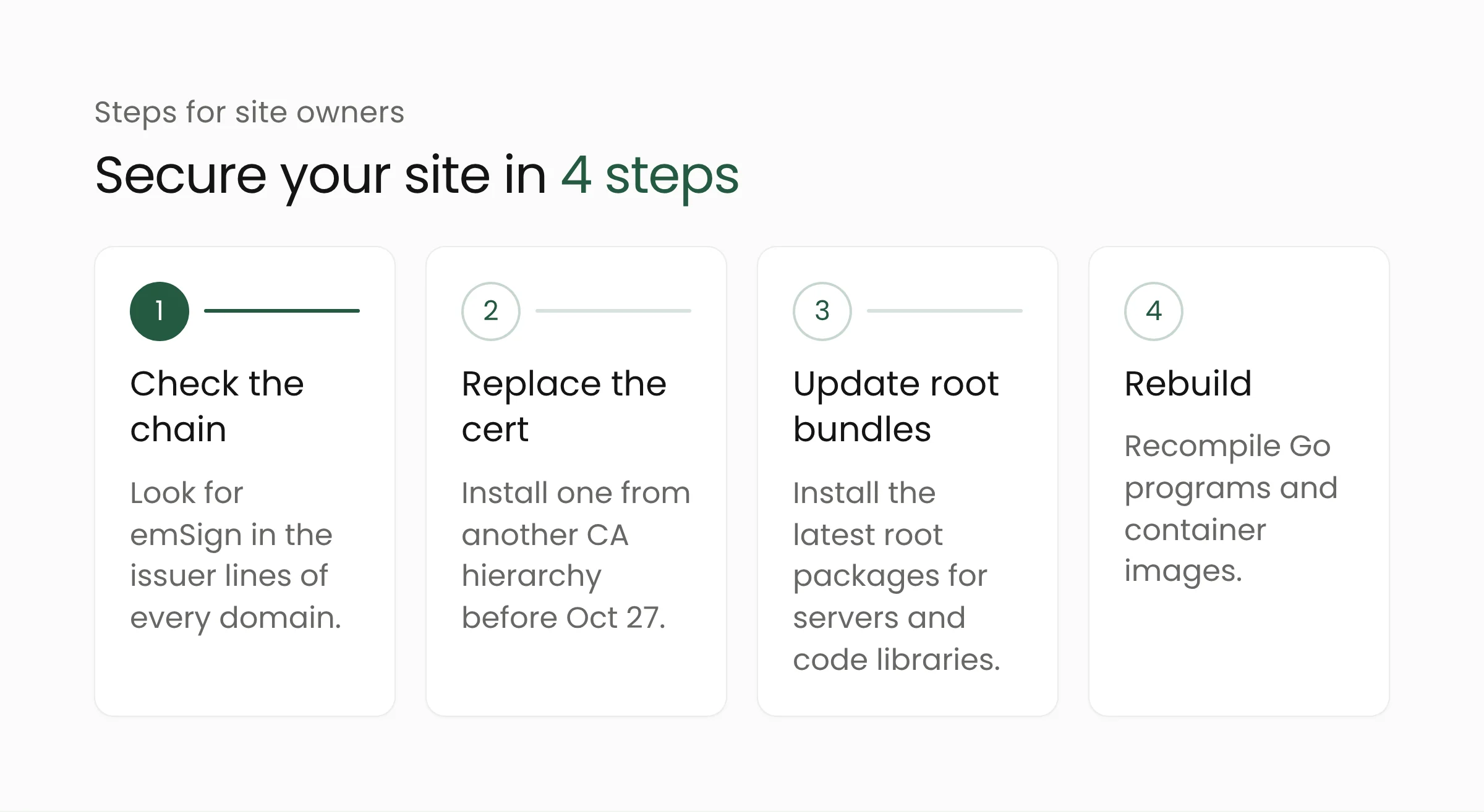 Four steps for site owners facing the eMudhra root removal: check the certificate chain, replace the certificate, update root bundles and rebuild applications