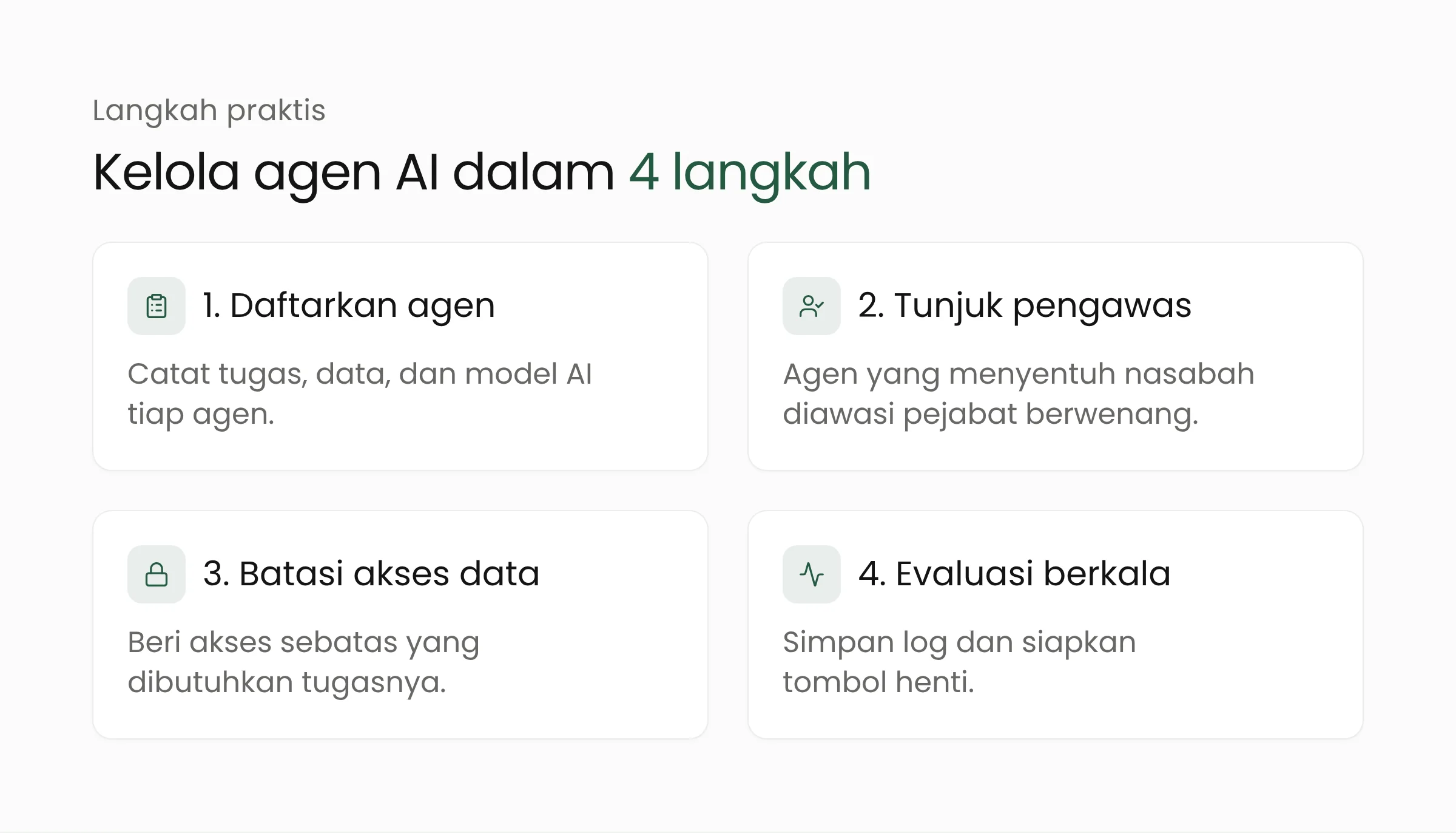 Empat langkah mengelola agen AI di organisasi: daftarkan agen, tunjuk pengawas, batasi akses data, dan evaluasi berkala