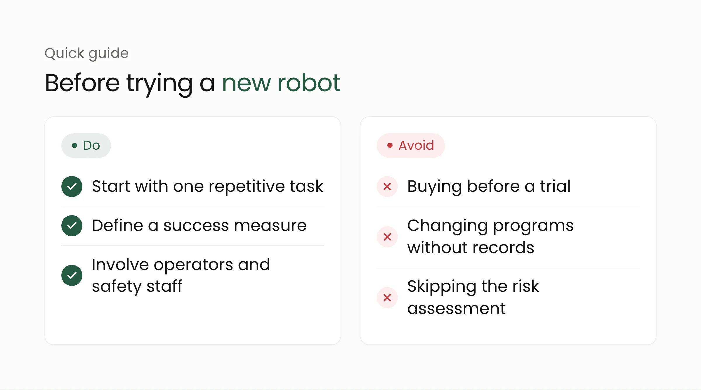 Checklist before trying a robot that operators program: start with one repetitive task, set safety limits, avoid buying before a trial
