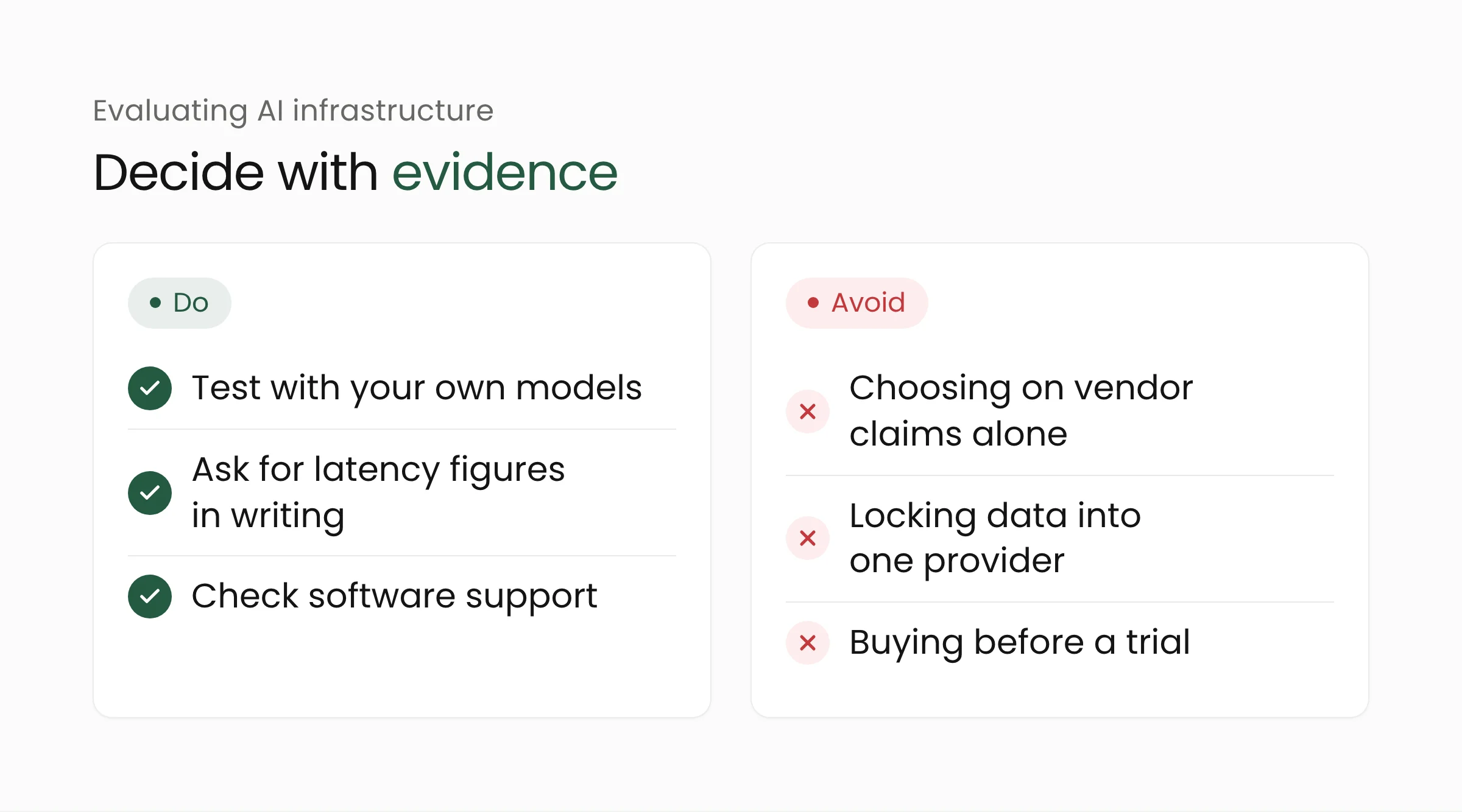 Guide to choosing AI infrastructure: test with your own models, ask for latency figures in writing, check software support, and avoid deciding on vendor claims alone
