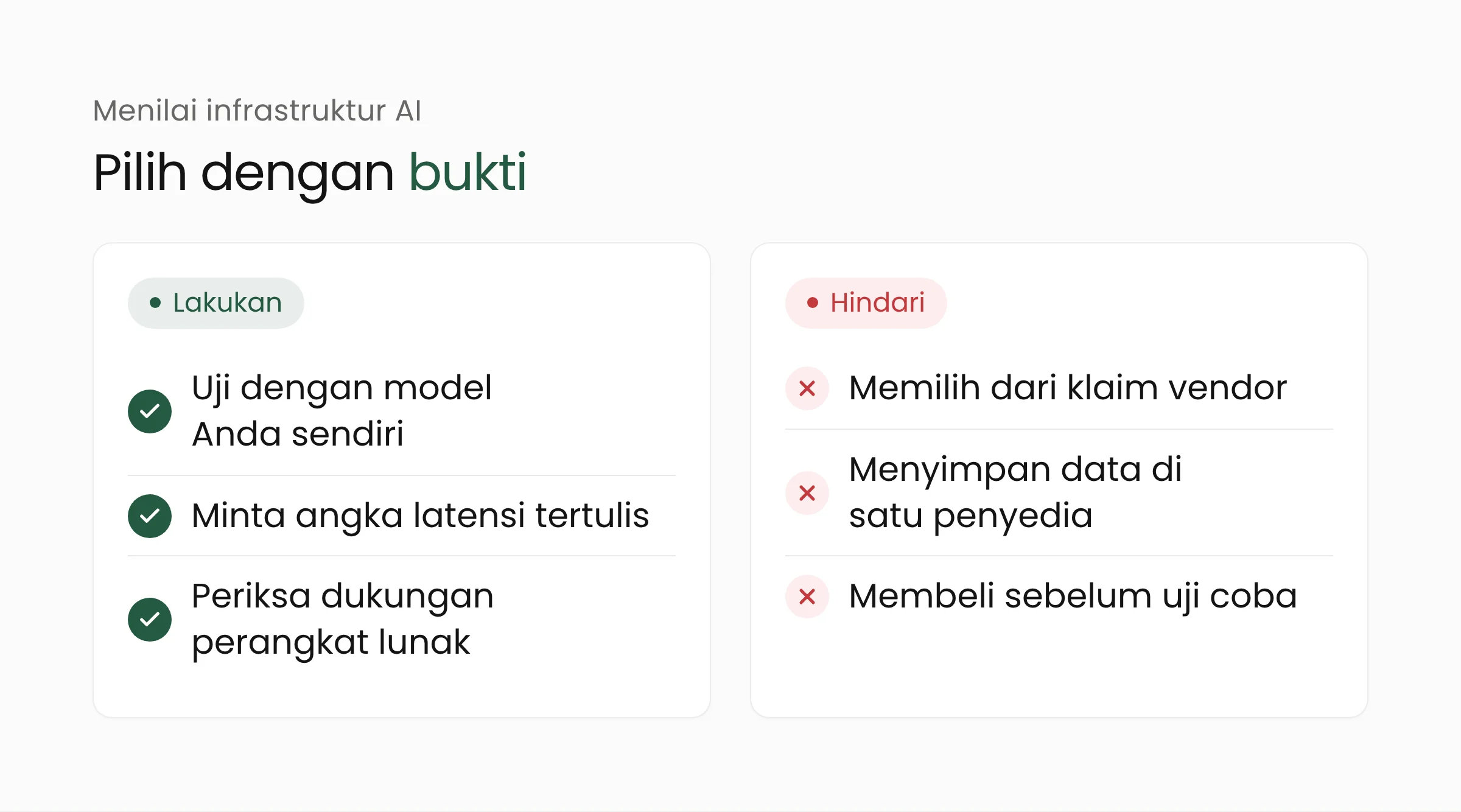 Panduan memilih infrastruktur AI: uji dengan model sendiri, minta angka latensi tertulis, periksa dukungan perangkat lunak, dan hindari keputusan berdasarkan klaim vendor saja