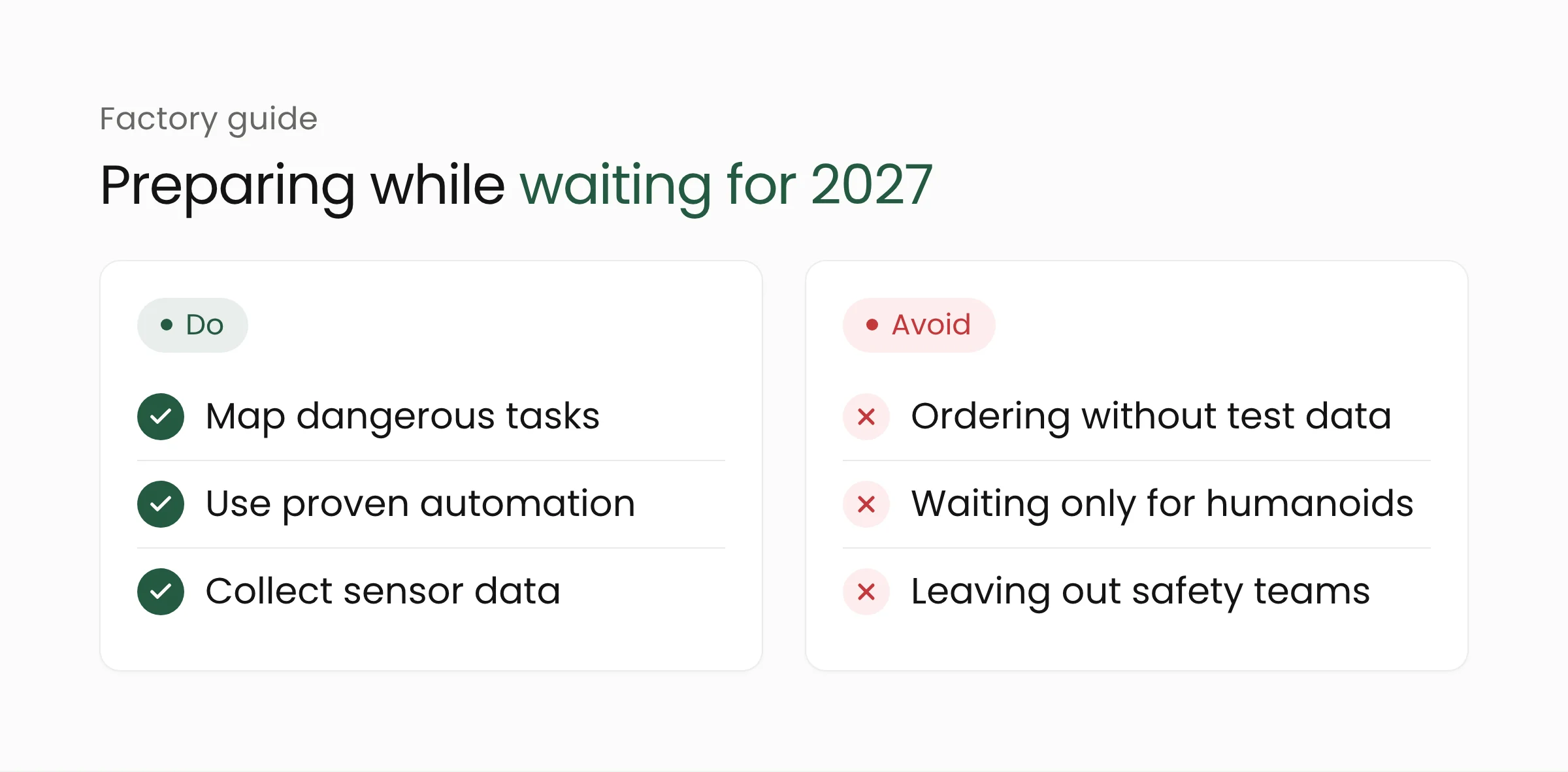 Guidance for factories: do map dangerous tasks, start with proven automation and prepare sensor data; avoid ordering before test results, delaying automation while waiting for humanoids, and sidelining safety