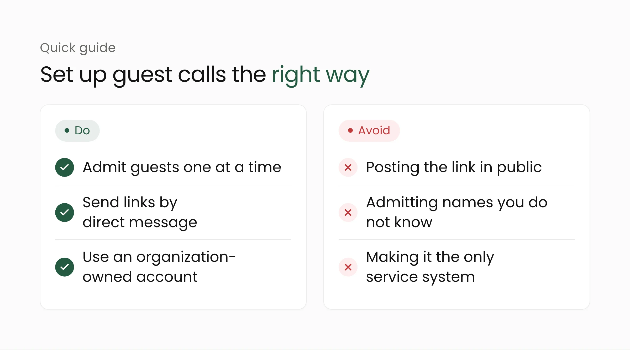 Do and avoid list for Guest Calling: admit guests one at a time, share links only through trusted channels, do not make it the only service system