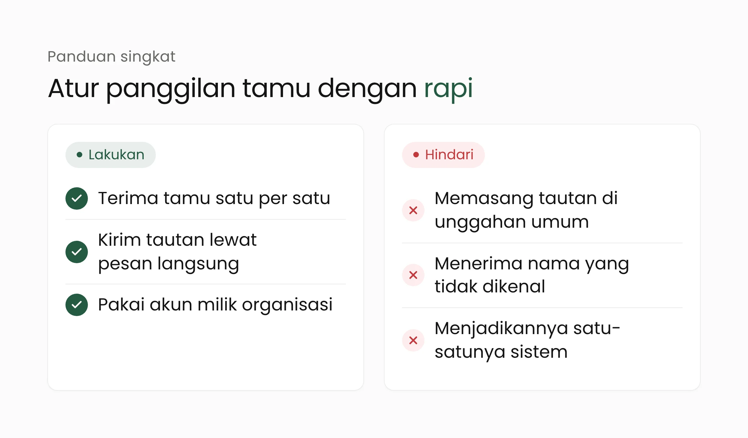 Daftar lakukan dan hindari untuk Guest Calling: terima tamu satu per satu, bagikan tautan hanya lewat kanal tepercaya, jangan jadikan satu-satunya sistem layanan